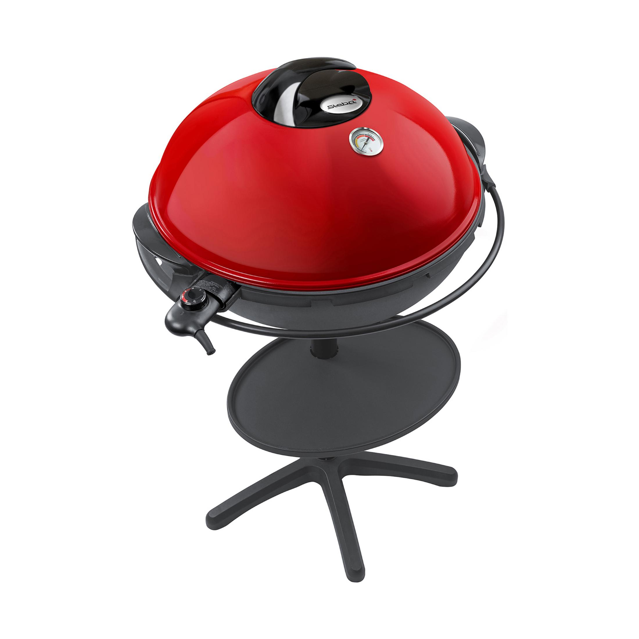 Roter Elektrogrill auf einem schwarzen Ständer mit rundem Tisch und Beinen, weißer Hintergrund.