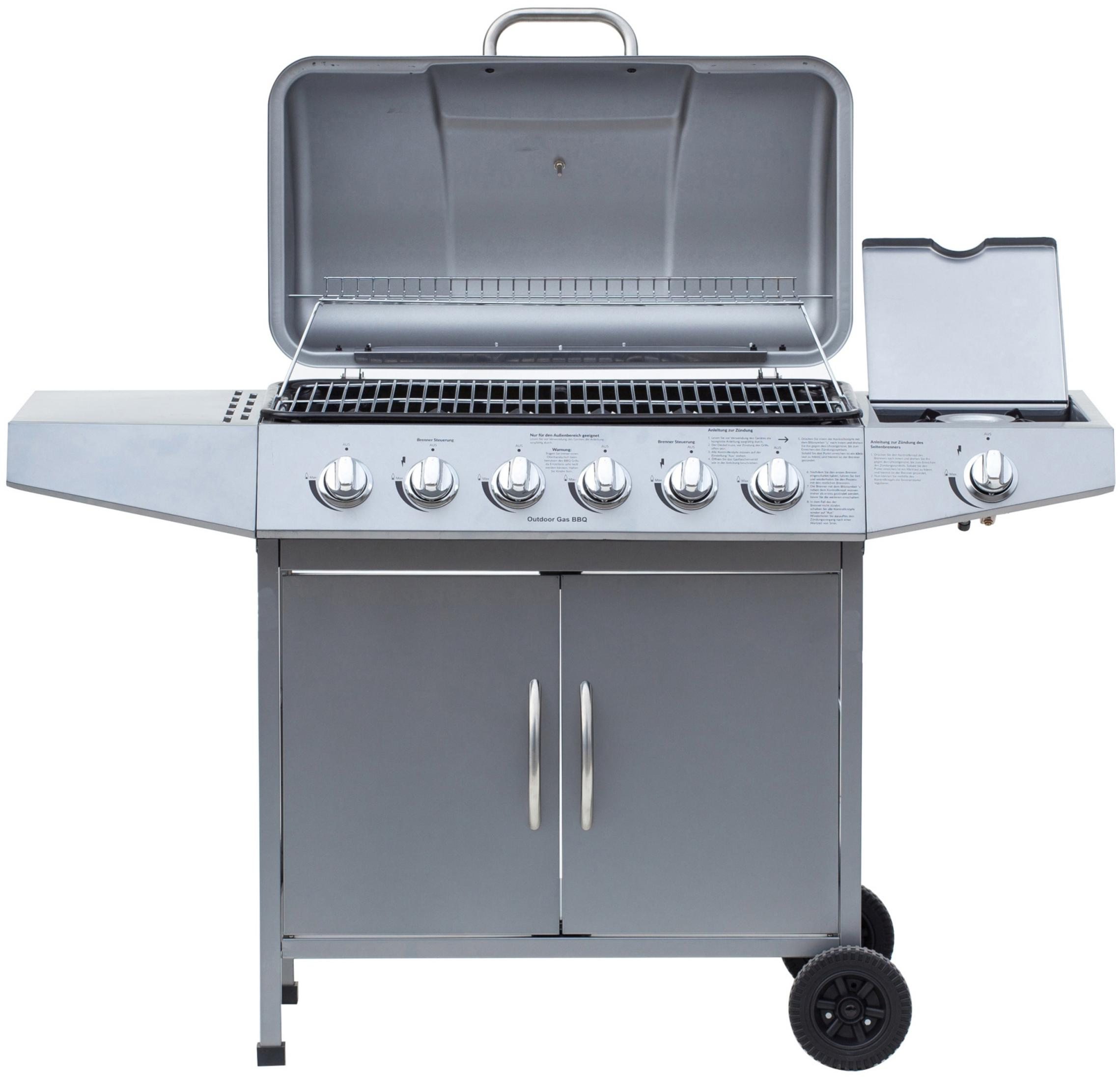 Ein Edelstahl-Gasgrill für den Außenbereich, mit offenem Deckel und mehreren Brennern.