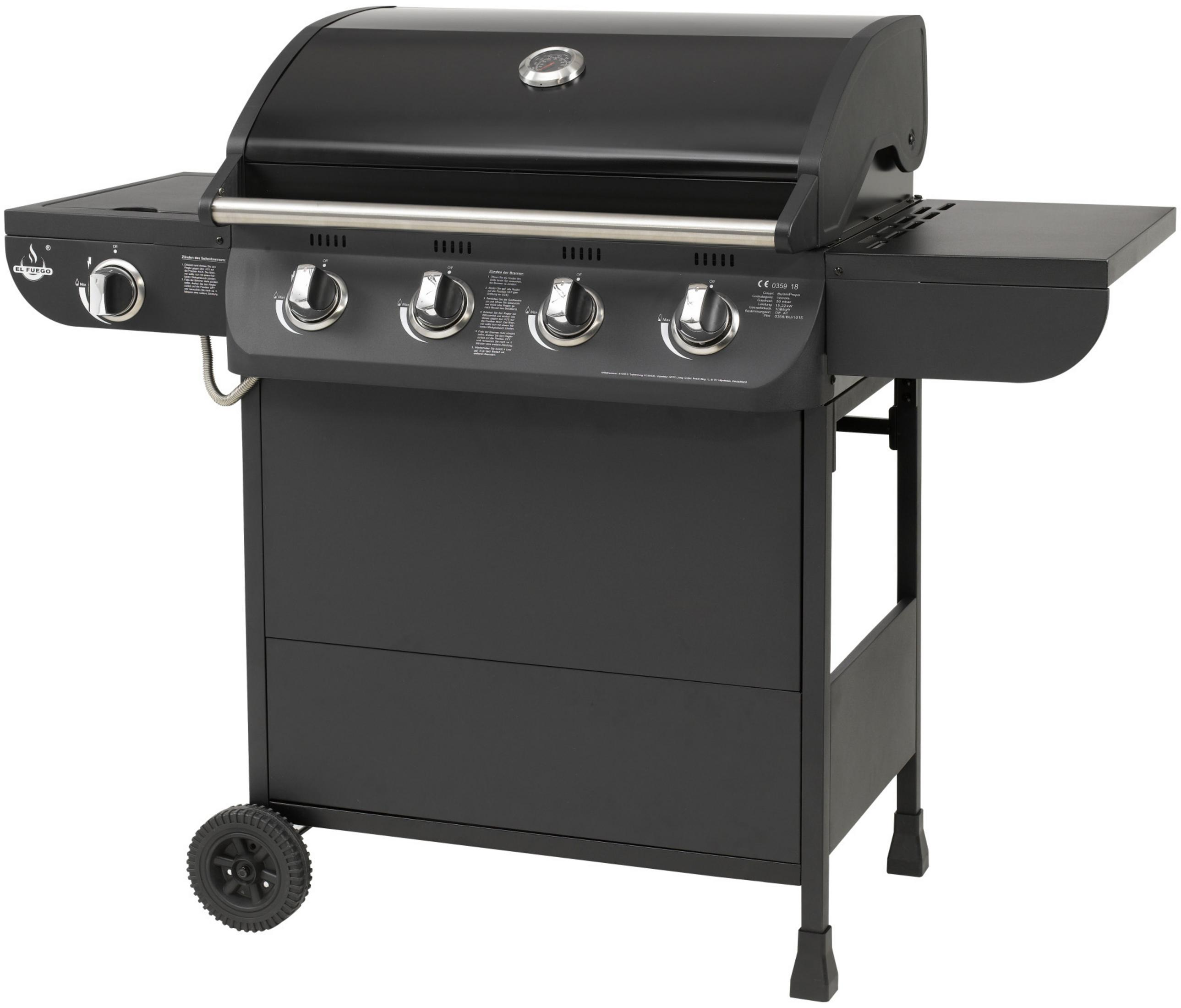 Schwarzer Gasgrill mit vier Brennern, Seitenbrenner und Deckel. Mit Wagen und Rädern.
