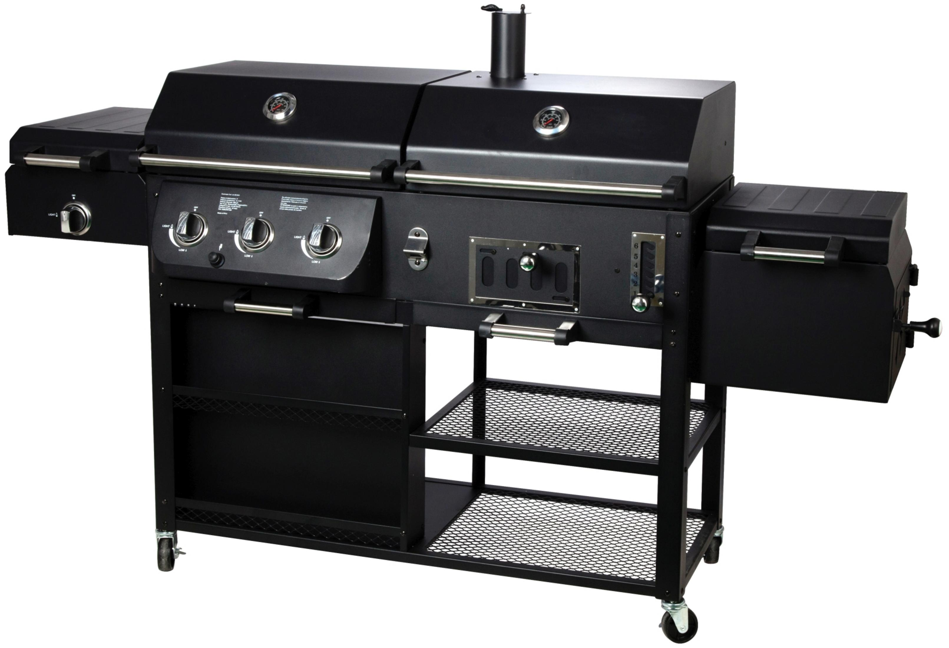 Ein schwarzer Gasgrill mit Seitenbrennern und Ablagen wird gezeigt.
