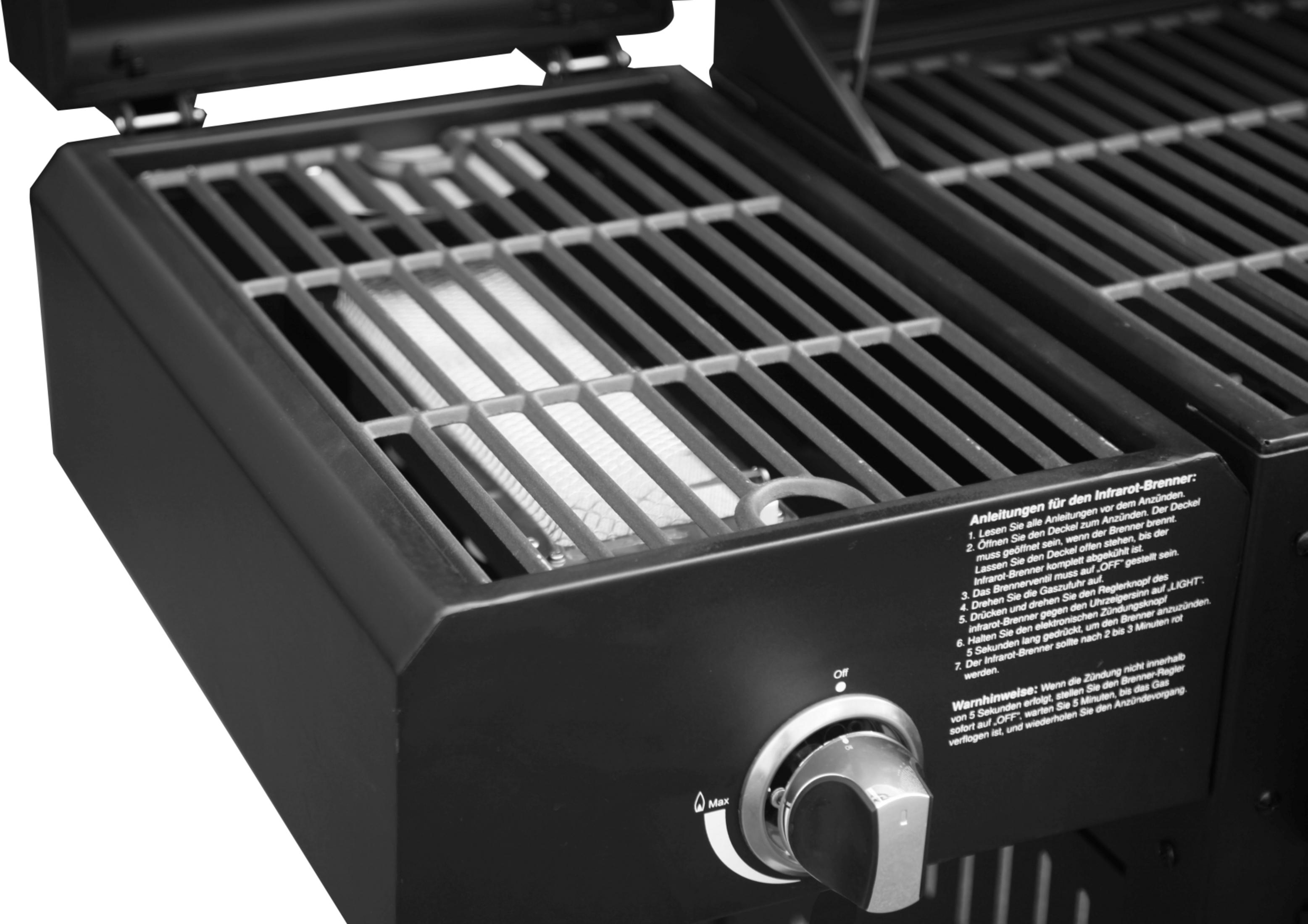 Nahaufnahme eines schwarzen Grills mit Bedienknopf.