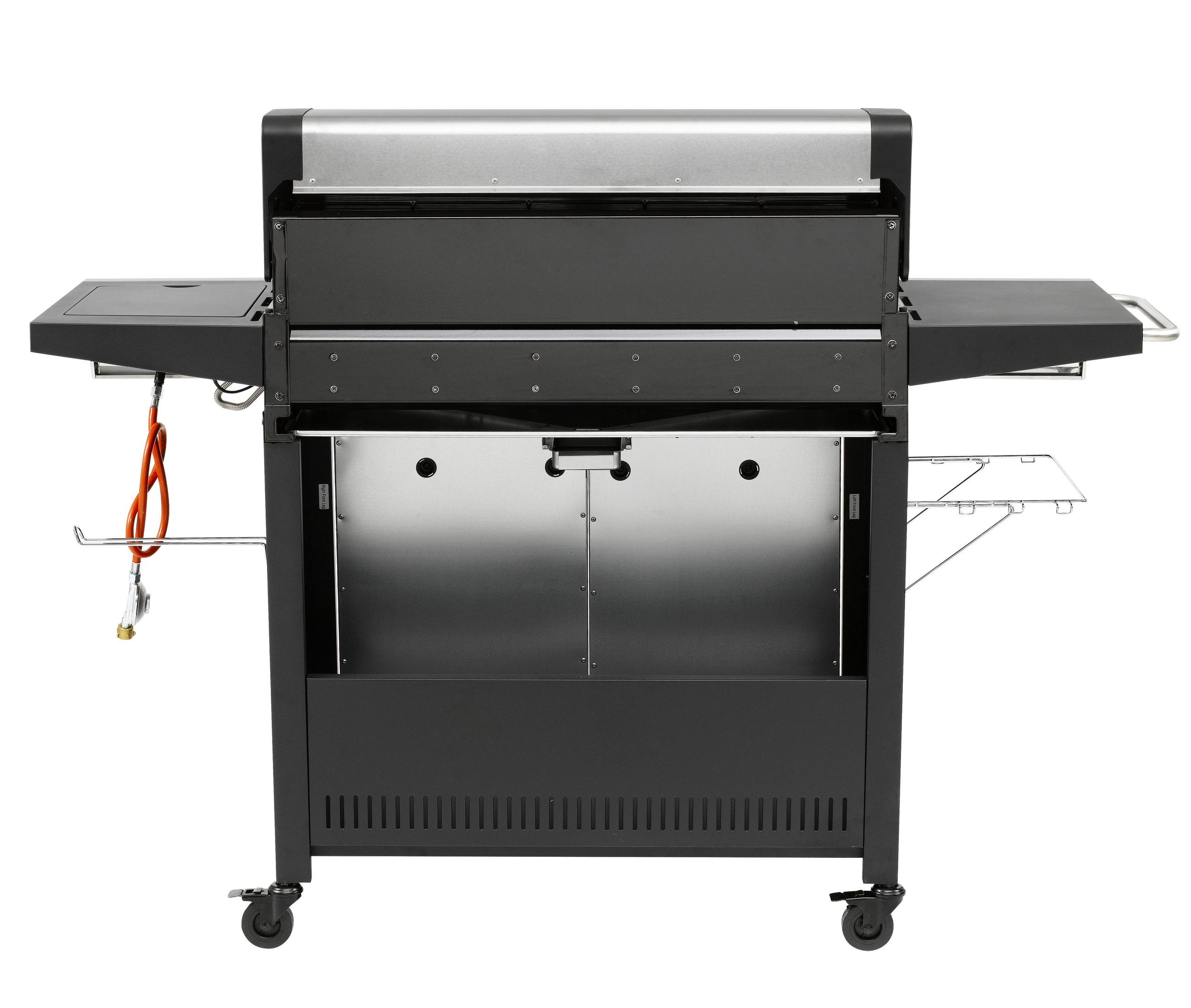 Schwarzer Gasgrill für den Außenbereich mit Seitentischen und einer Propangasflasche.