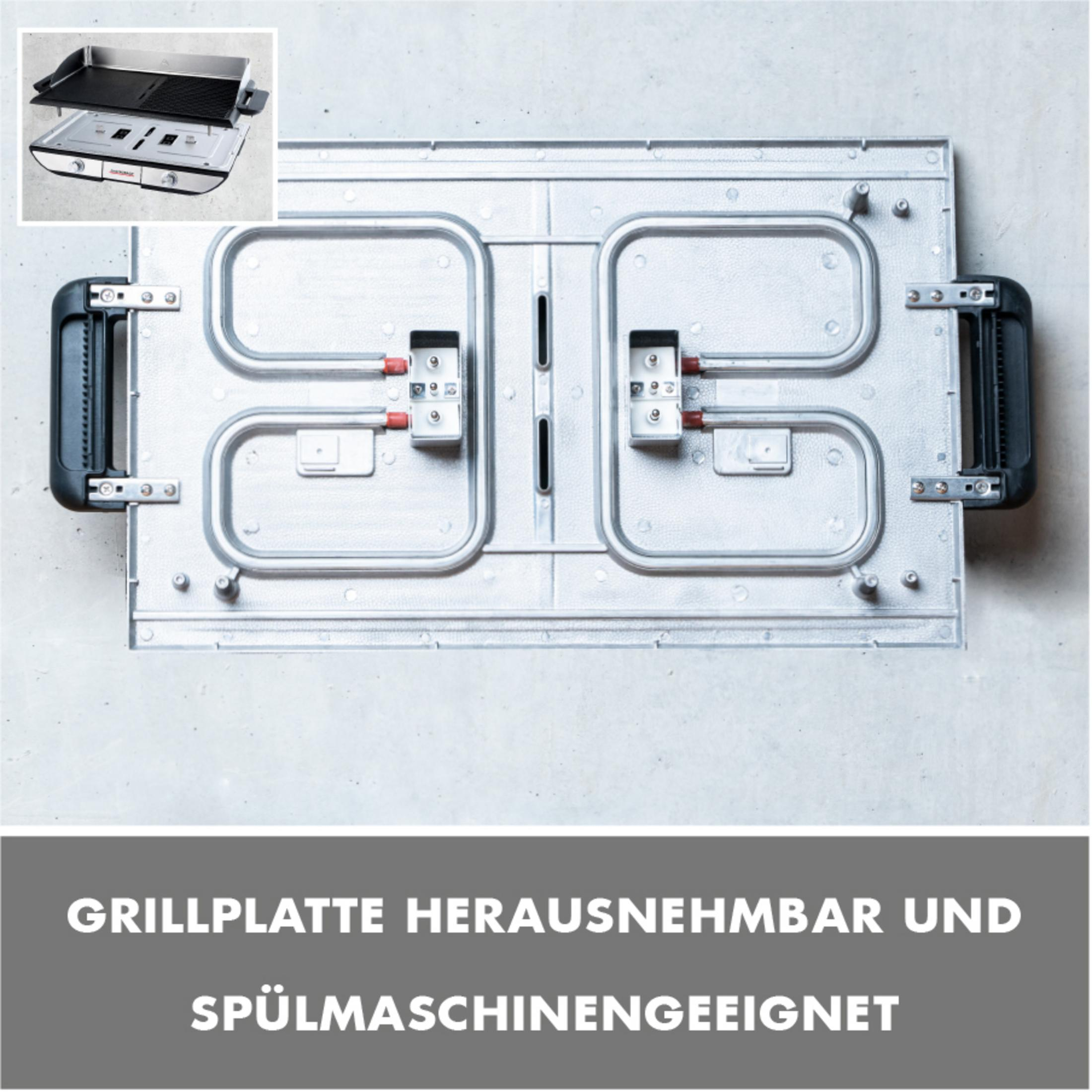 Grillplatte, herausnehmbar und spülmaschinengeeignet. Die Oberseite der Platte wird gezeigt.