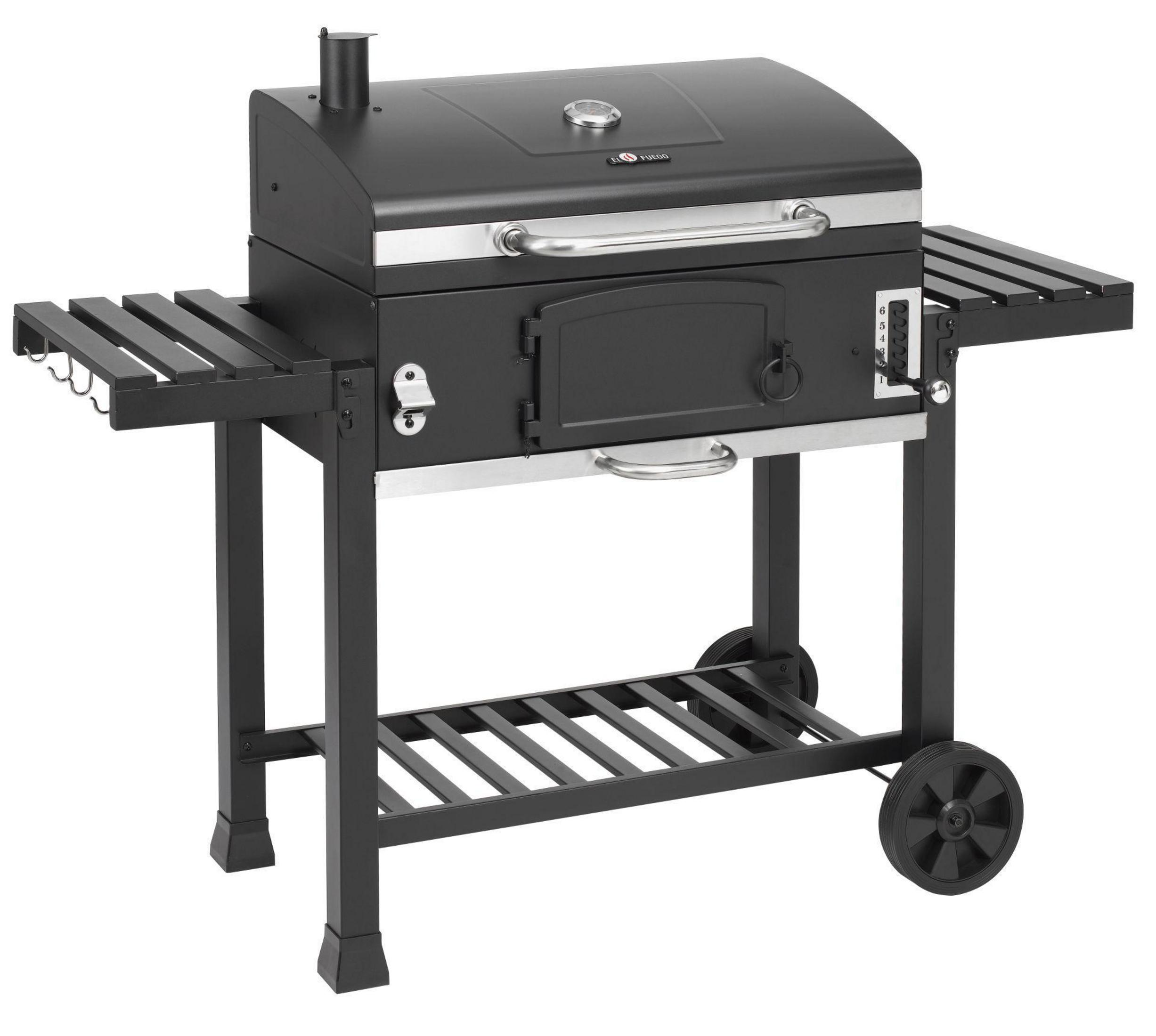 Schwarzer Holzkohlegrill mit Seitentischen, Schornstein und Warmhalterost.