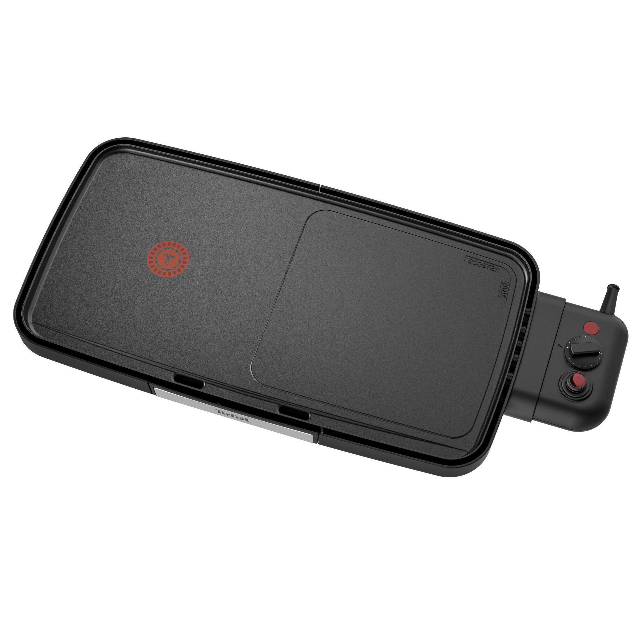 Schwarze Tefal-Grillplatte mit Bedienfeld, auf weißem Hintergrund.
