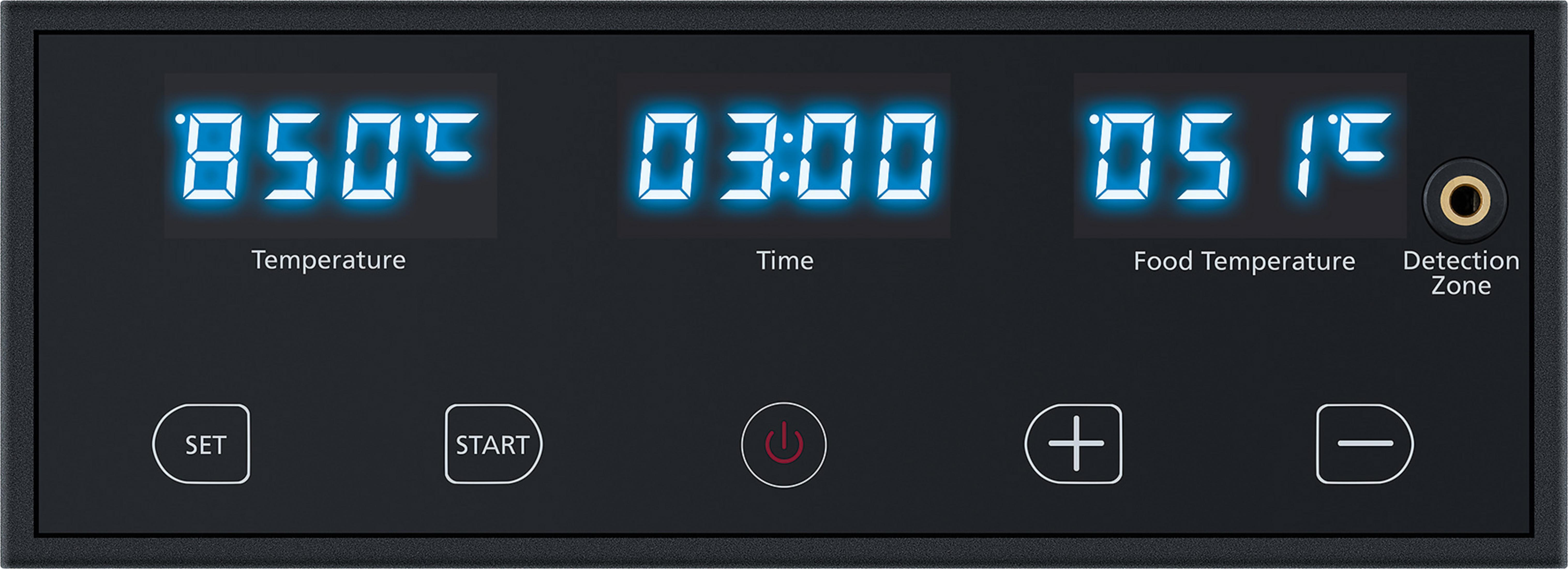 Schwarzes Digitaldisplay mit Temperatur, Zeit und Lebensmitteltemperatur.