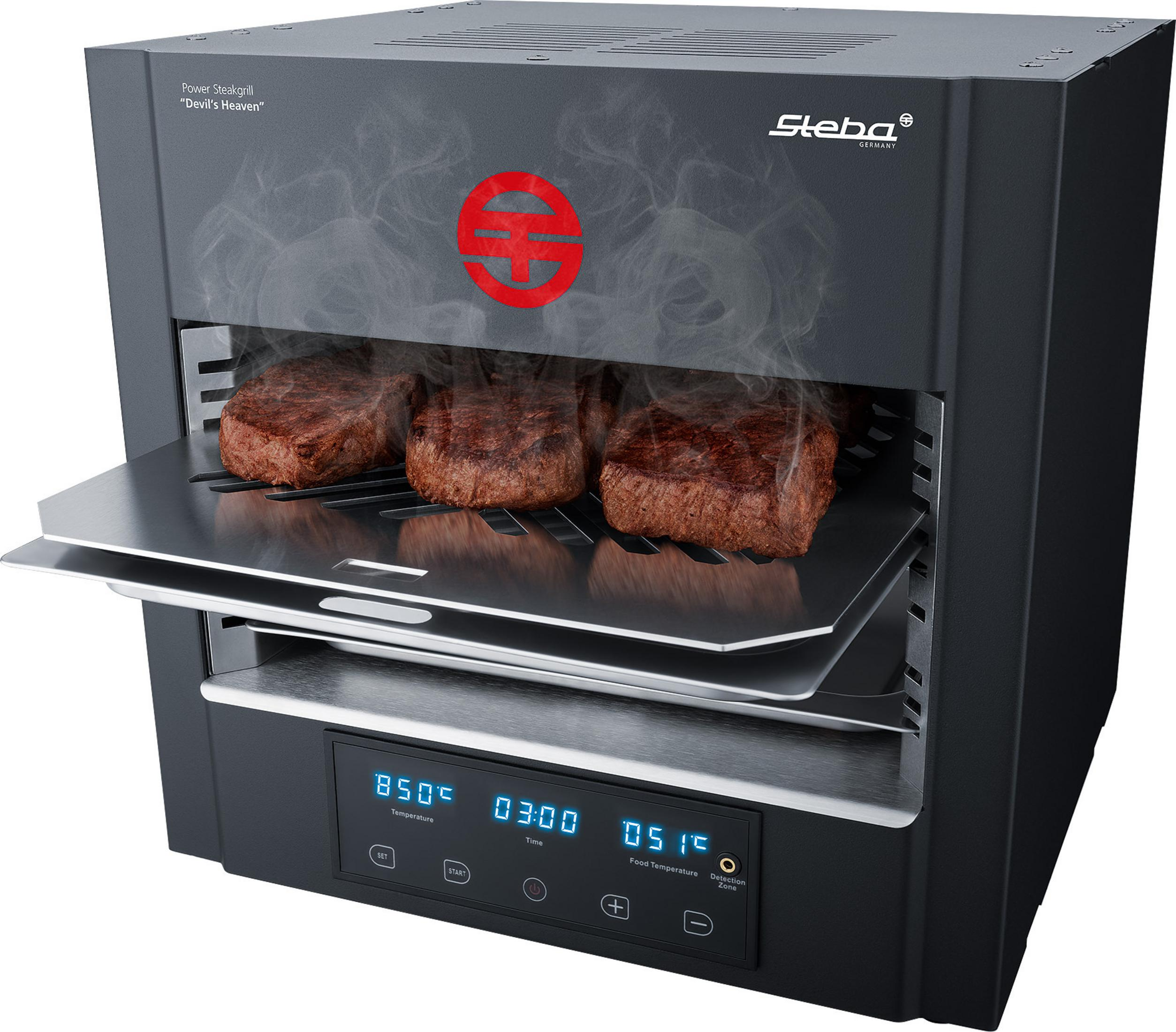 Schwarzer Indoor-Grill, drei Steaks auf einem Tablett. Display zeigt Temperatur und Zeit. Hintergrund: schwarz.