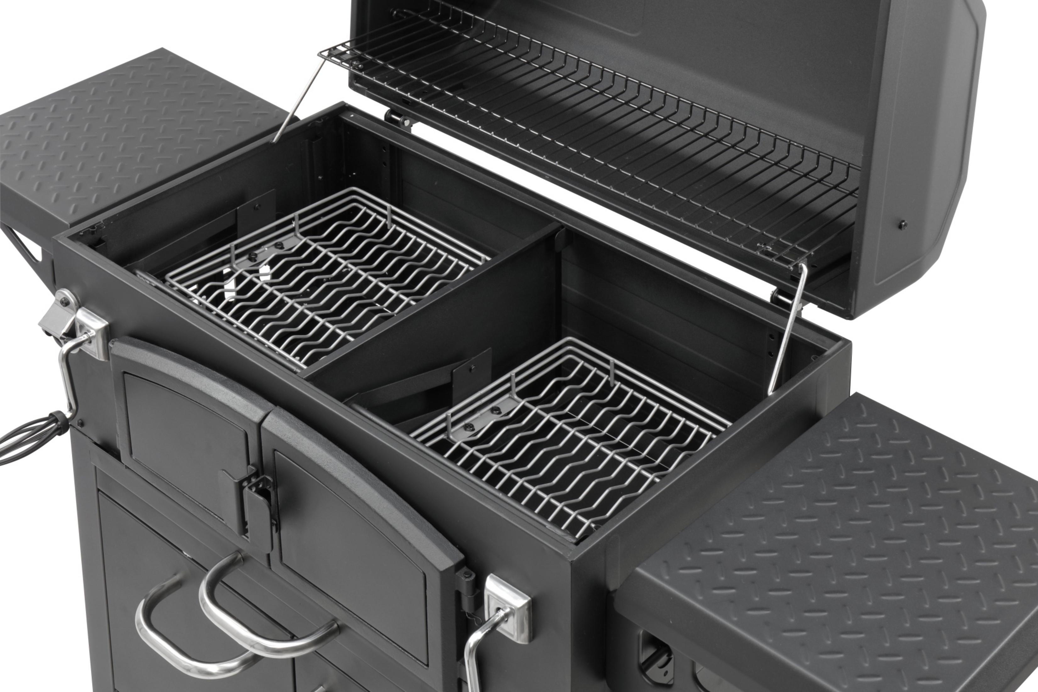 Schwarzer Außengrill mit geöffnetem Deckel, der Roste und Stauraum zeigt.