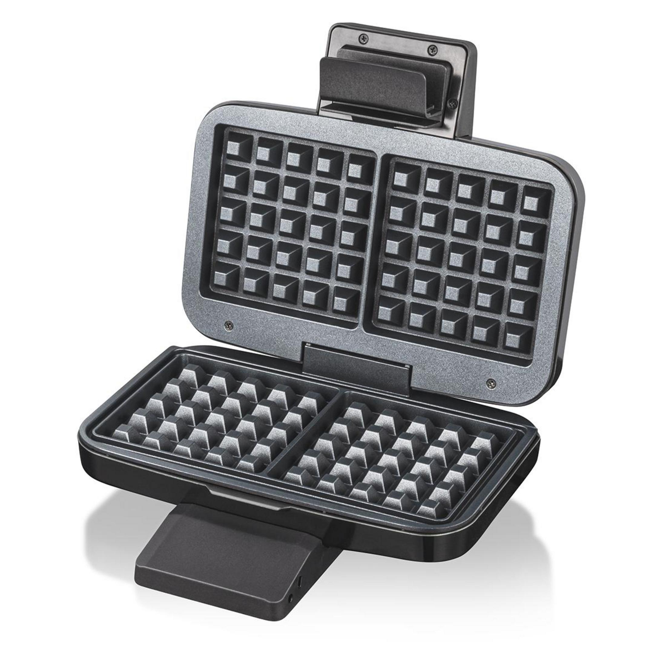 Czarny gofrownica otwarta. W środku dwie kratki do gofrów. Uchwyt na górze i podstawa na dole.