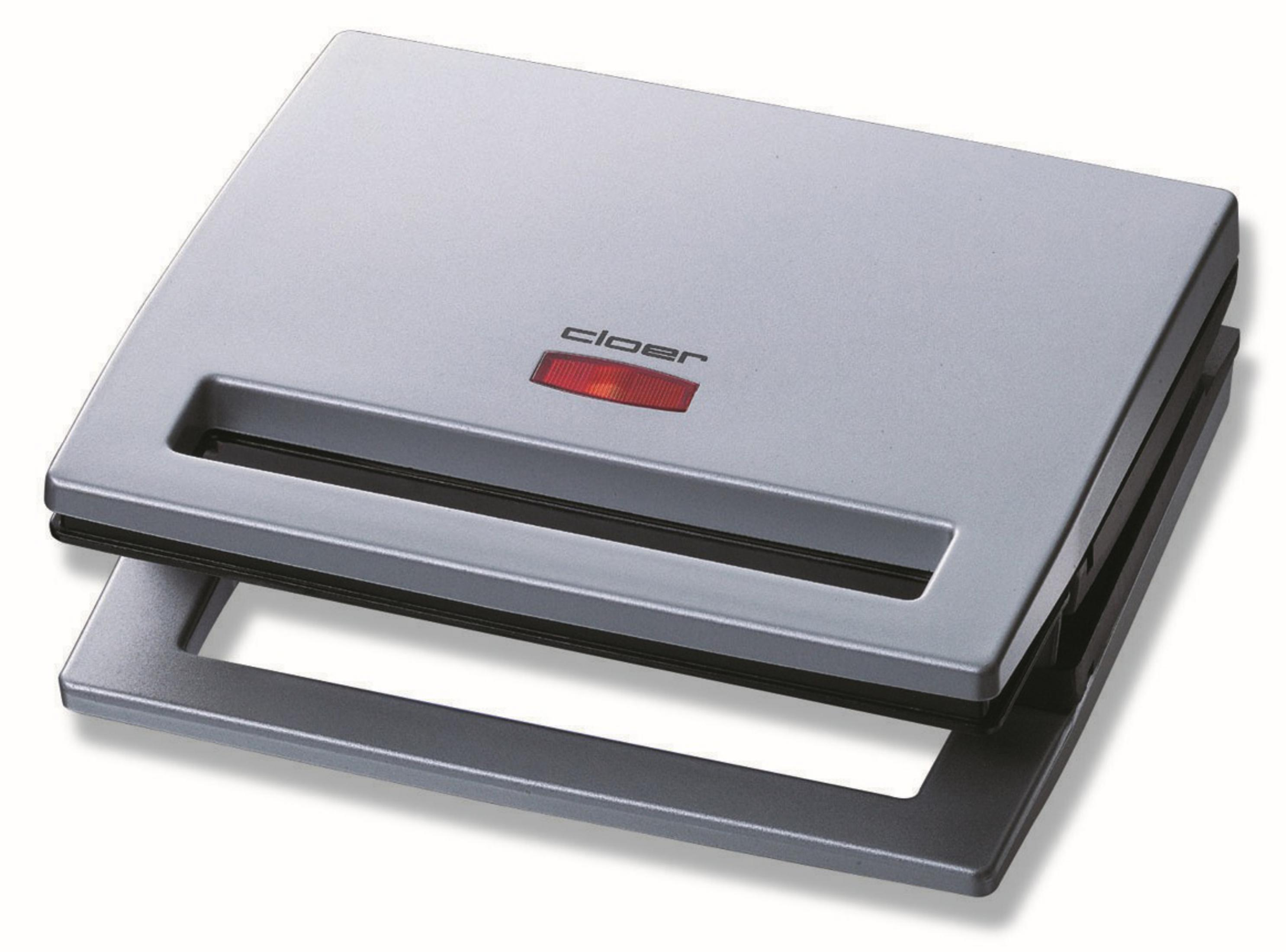 Ein geschlossener grauer Sandwichmaker mit rotem Licht. Der Deckel ist leicht geöffnet.