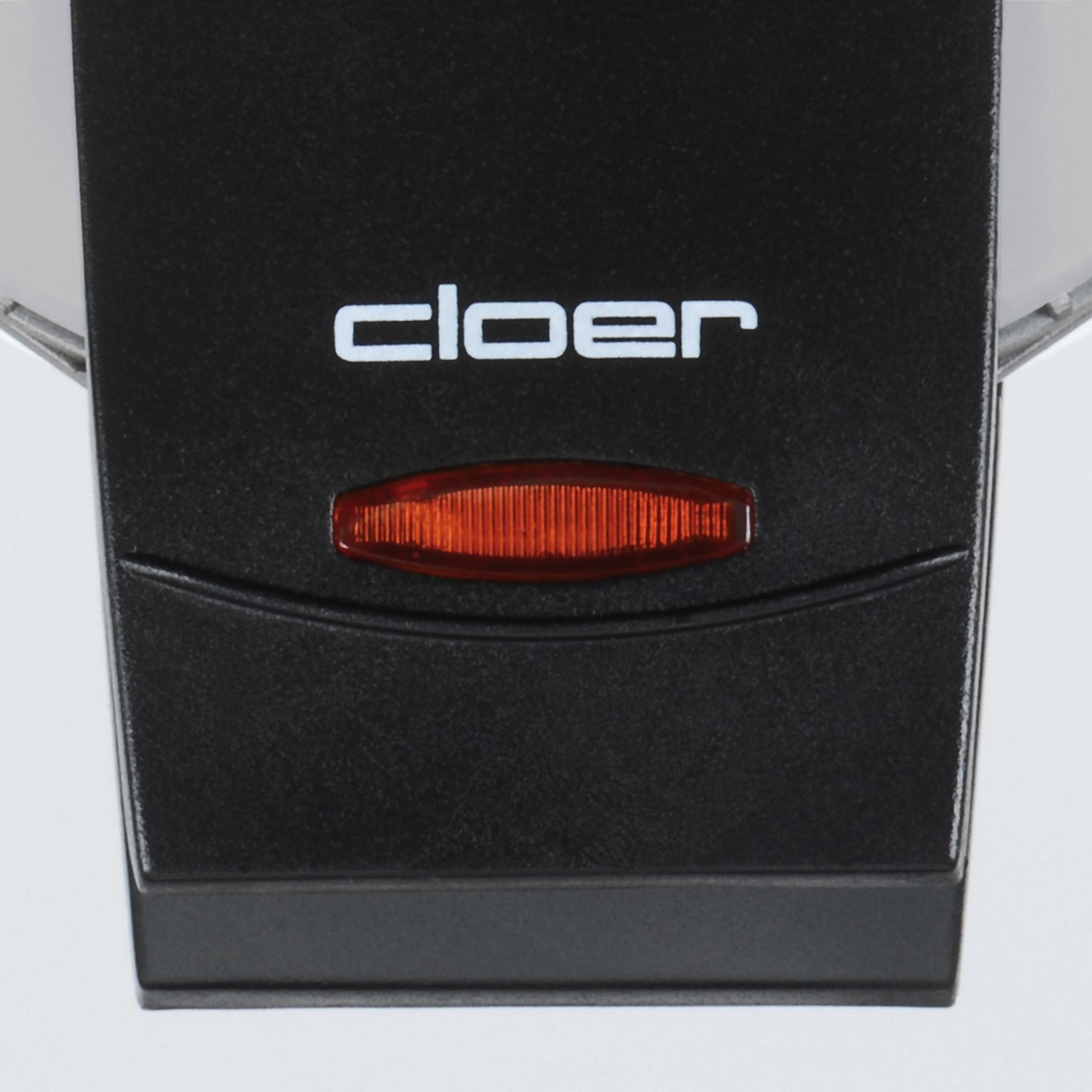 Czarne urządzenie Cloer z logo i pomarańczowym światłem.