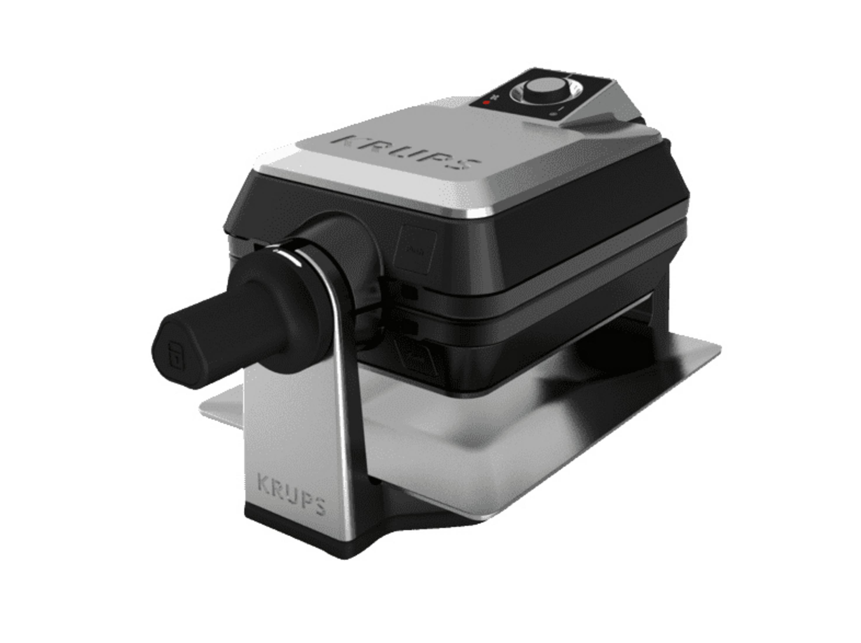 Gofrownica. Jest srebrna i czarna, z uchwytem i pokrętłem u góry.