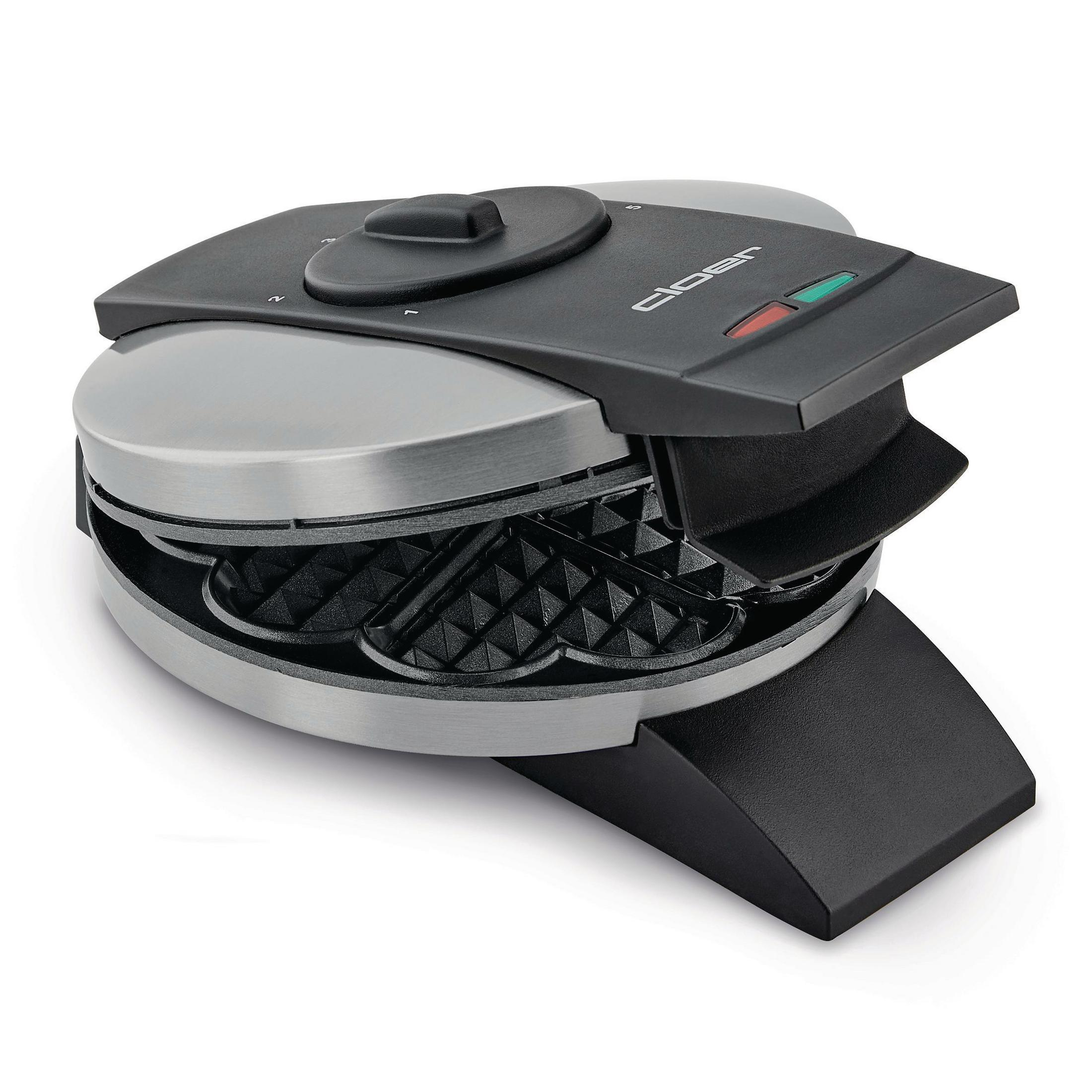 Otwarta gofrownica, odsłaniająca formy do gofrów i czarną pokrywę z elementami sterującymi.