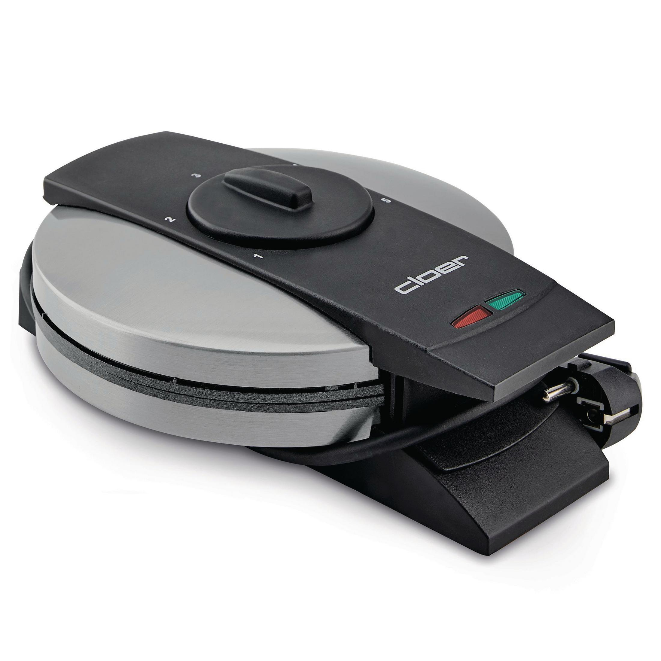 Gofrownica, zamknięta. Góra czarna z pokrętłem. Widoczny przewód i wtyczka.