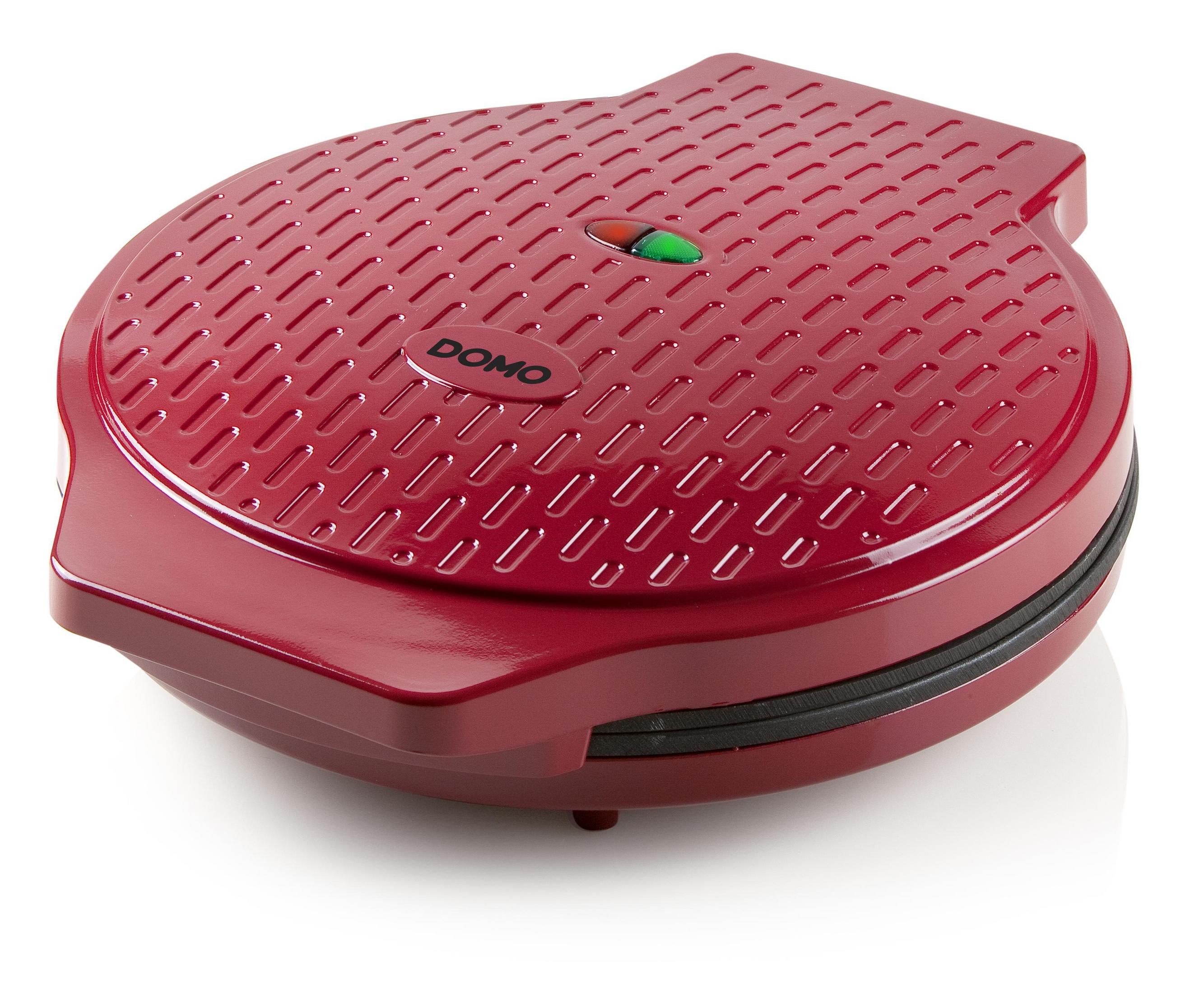 Máquina de hacer gofres roja con logo DOMO. La parte superior es acanalada y tiene una luz verde y roja.