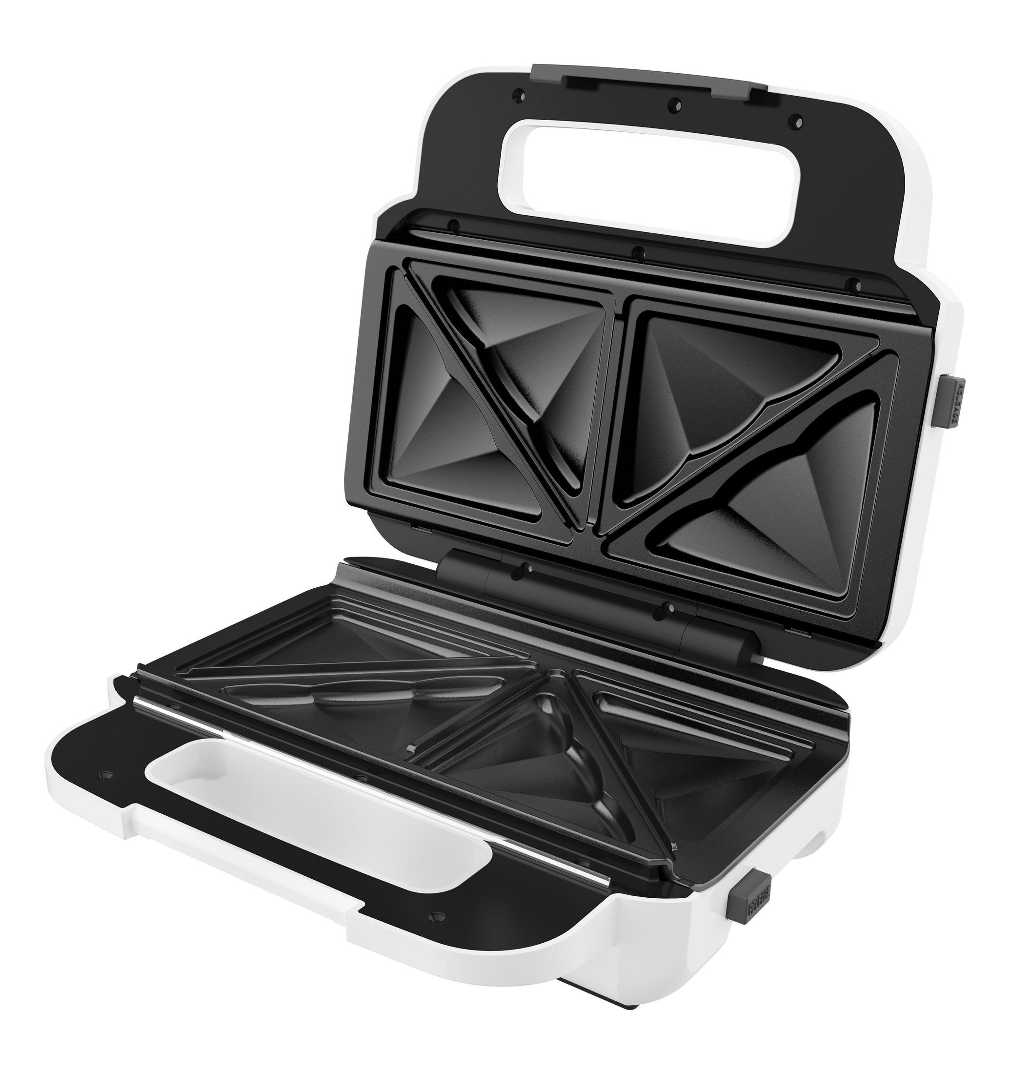 Toster do kanapek, biały, otwarty. Widoczne dwie formy do kanapek, o trójkątnym kształcie.