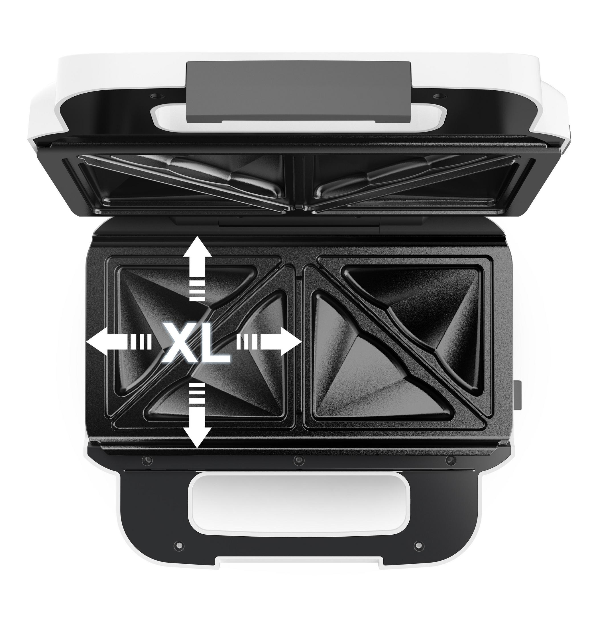 Otwarta opiekacz do kanapek. Ma dwie kwadratowe komory. Obraz pokazuje rozmiar XL.