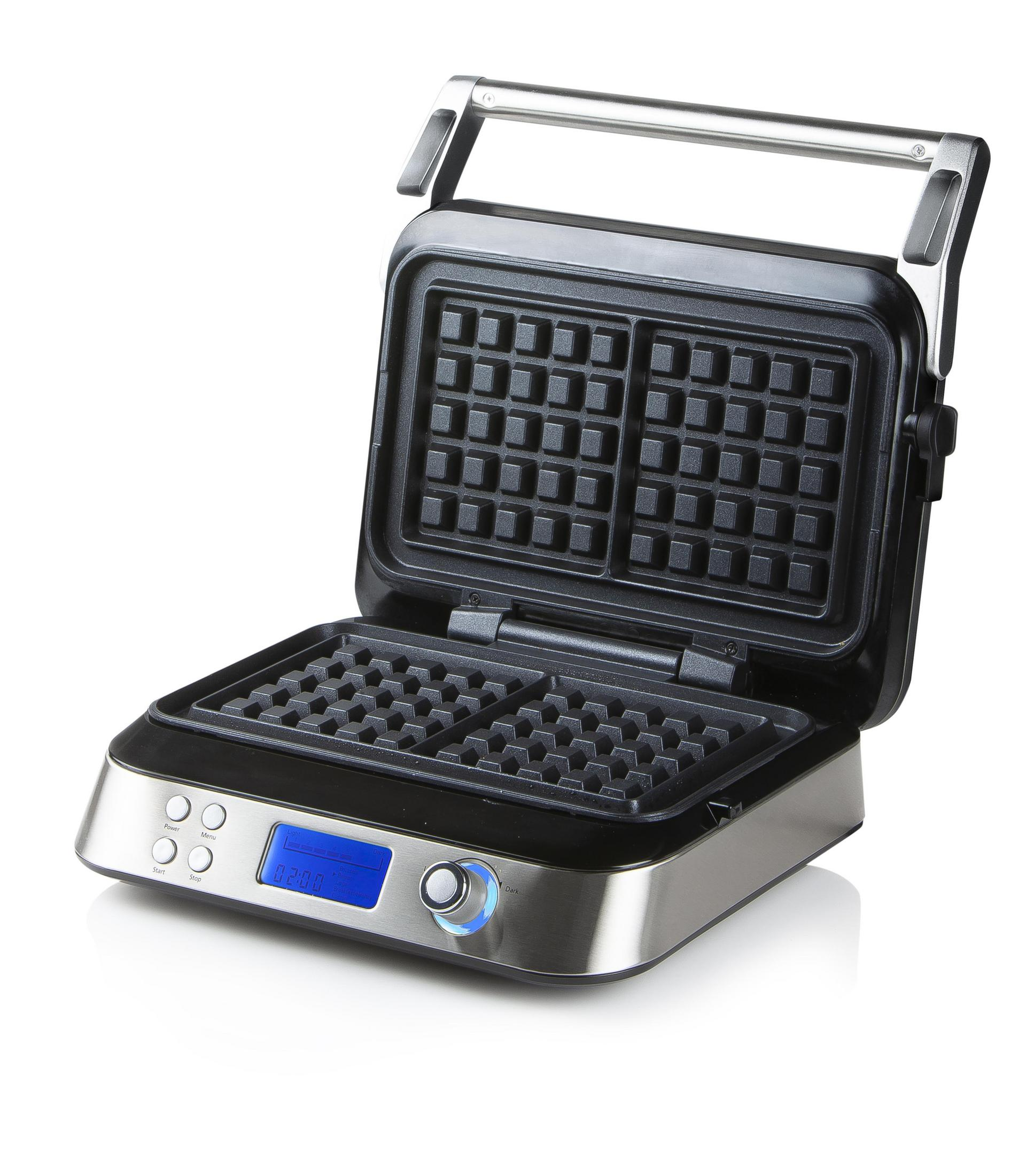 Gofrownica jest otwarta. Posiada cyfrowy wyświetlacz i srebrno-czarną obudowę.