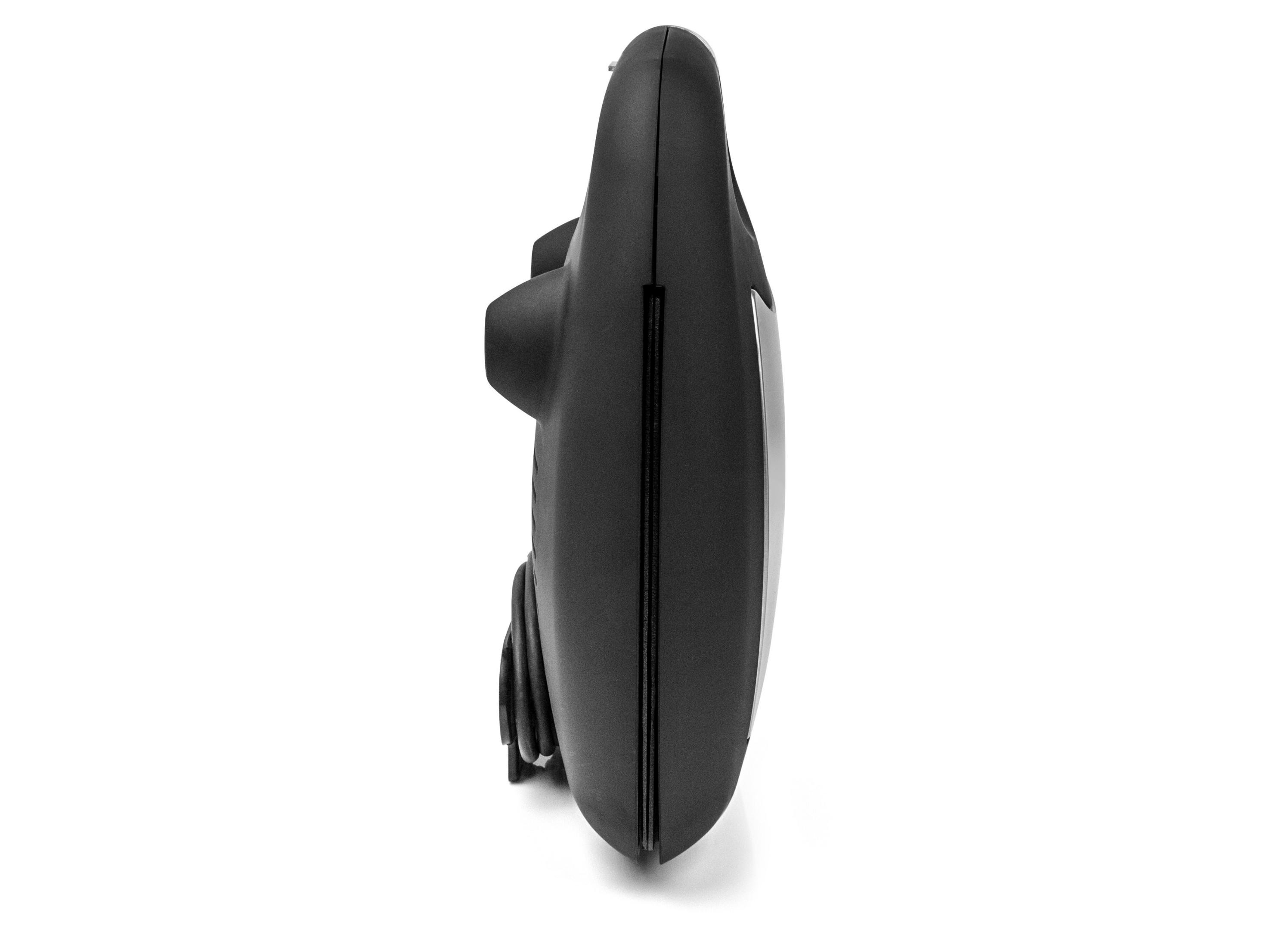 Czarne urządzenie widoczne z boku, o zakrzywionym kształcie i kilku przyciskach.