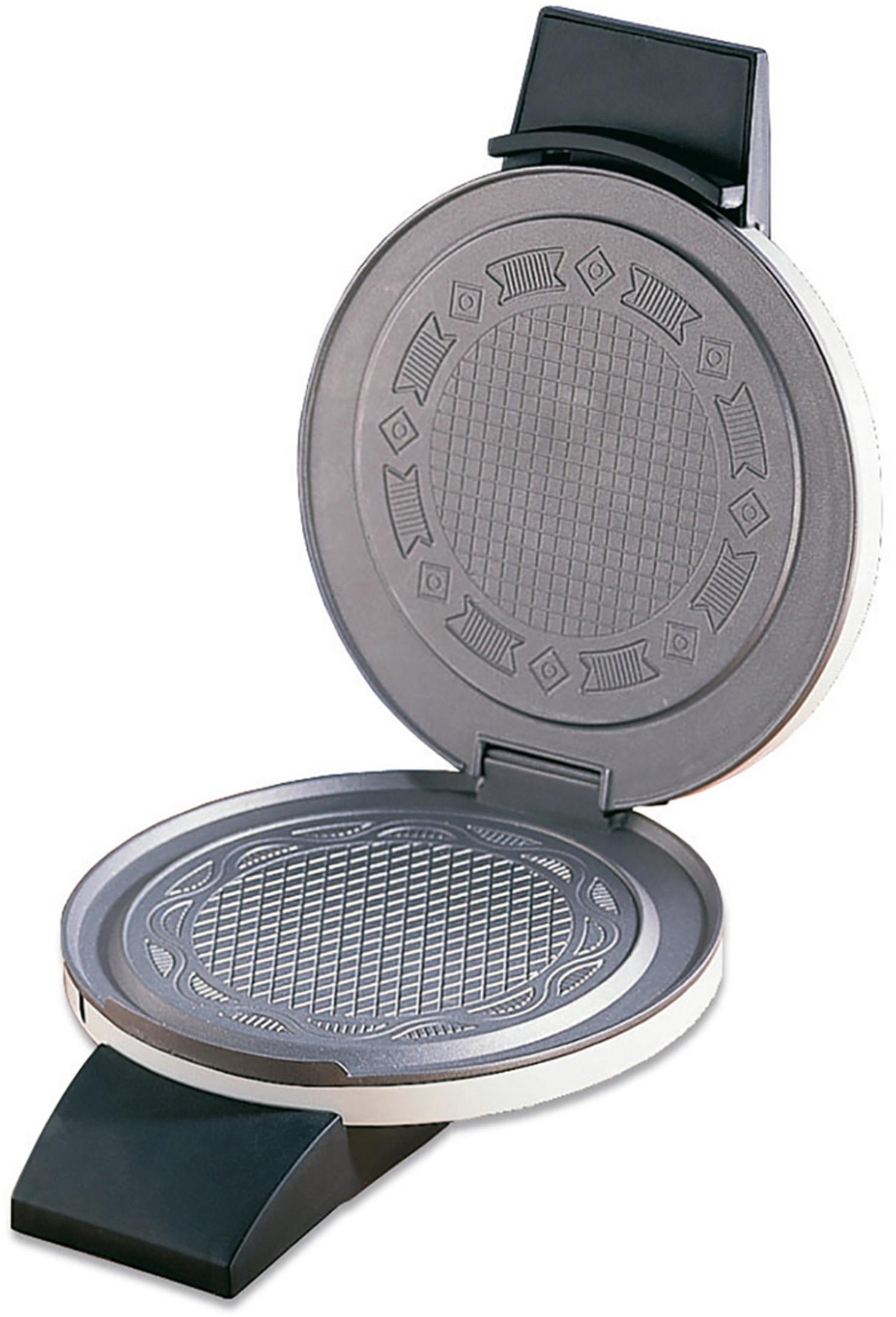 Otwarta gofrownica, górna płyta w górze. Ma okrągły kształt i wzorzystą powierzchnię.