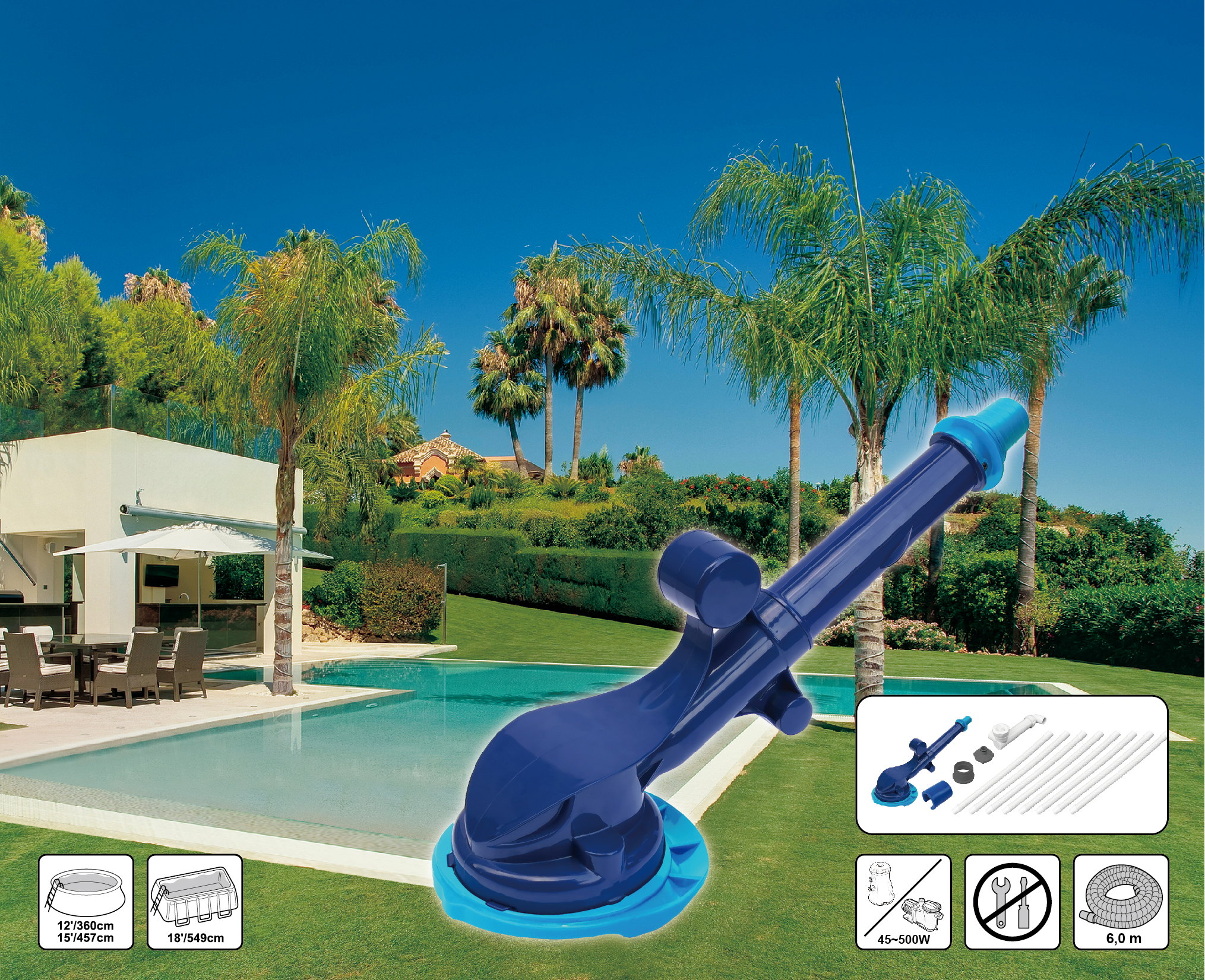 Ein Poolreiniger in einem Pool mit Palmen und einem Haus im Hintergrund. Er ist blau.