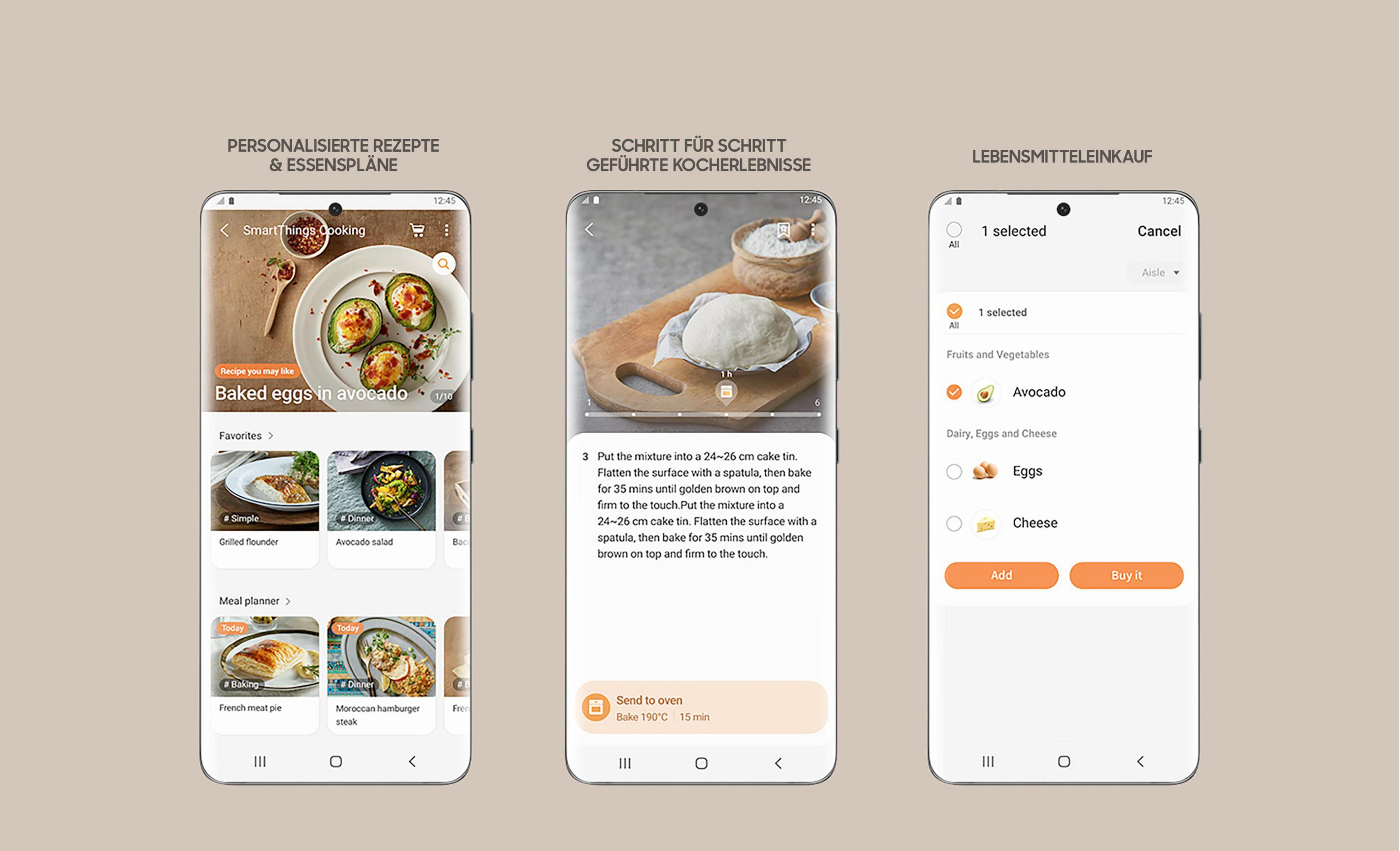 Drei Smartphone-Bildschirme, die eine Koch-App mit Rezepten und Einkaufsliste zeigen.