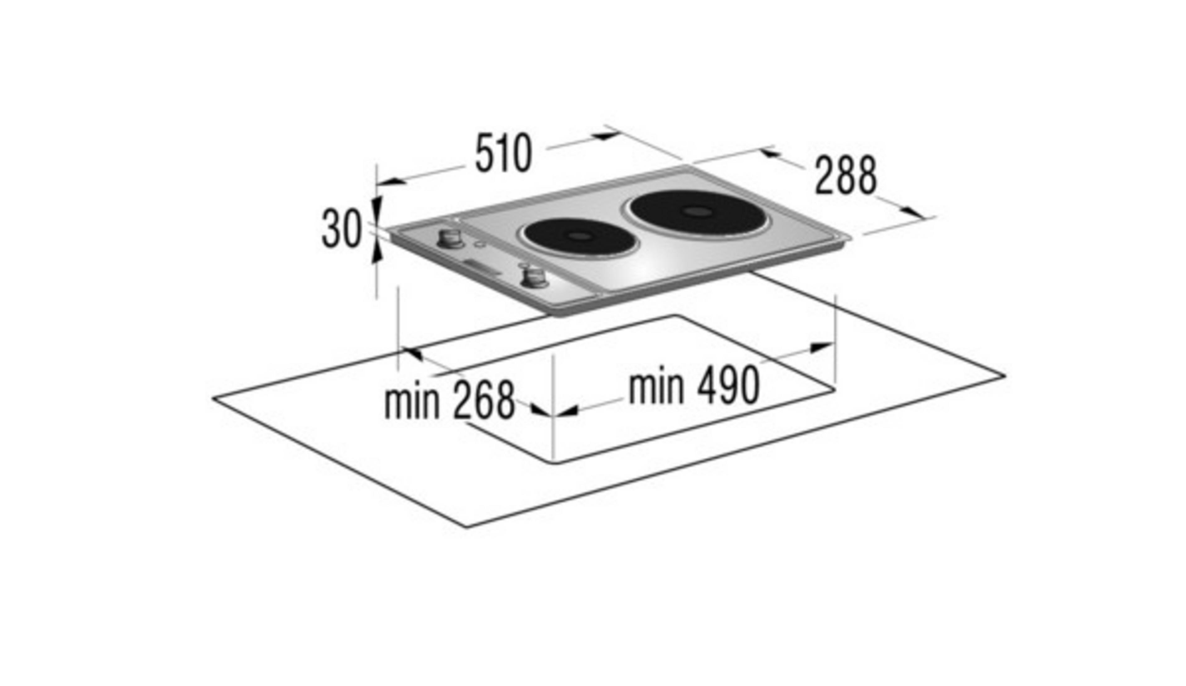 Schema di un piano cottura con dimensioni: 510 mm lunghezza, 288 mm larghezza e un ritaglio di min. 490 mm.