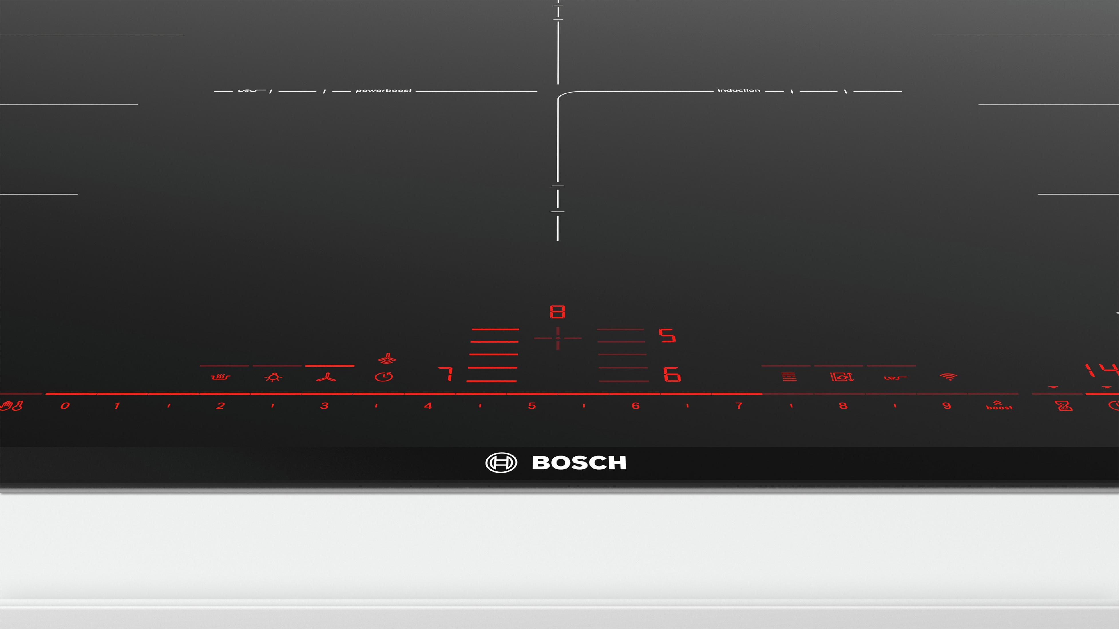 Close-up van het bedieningspaneel van een inductiekookplaat. Rood digitaal display, zwart oppervlak, Bosch-logo.