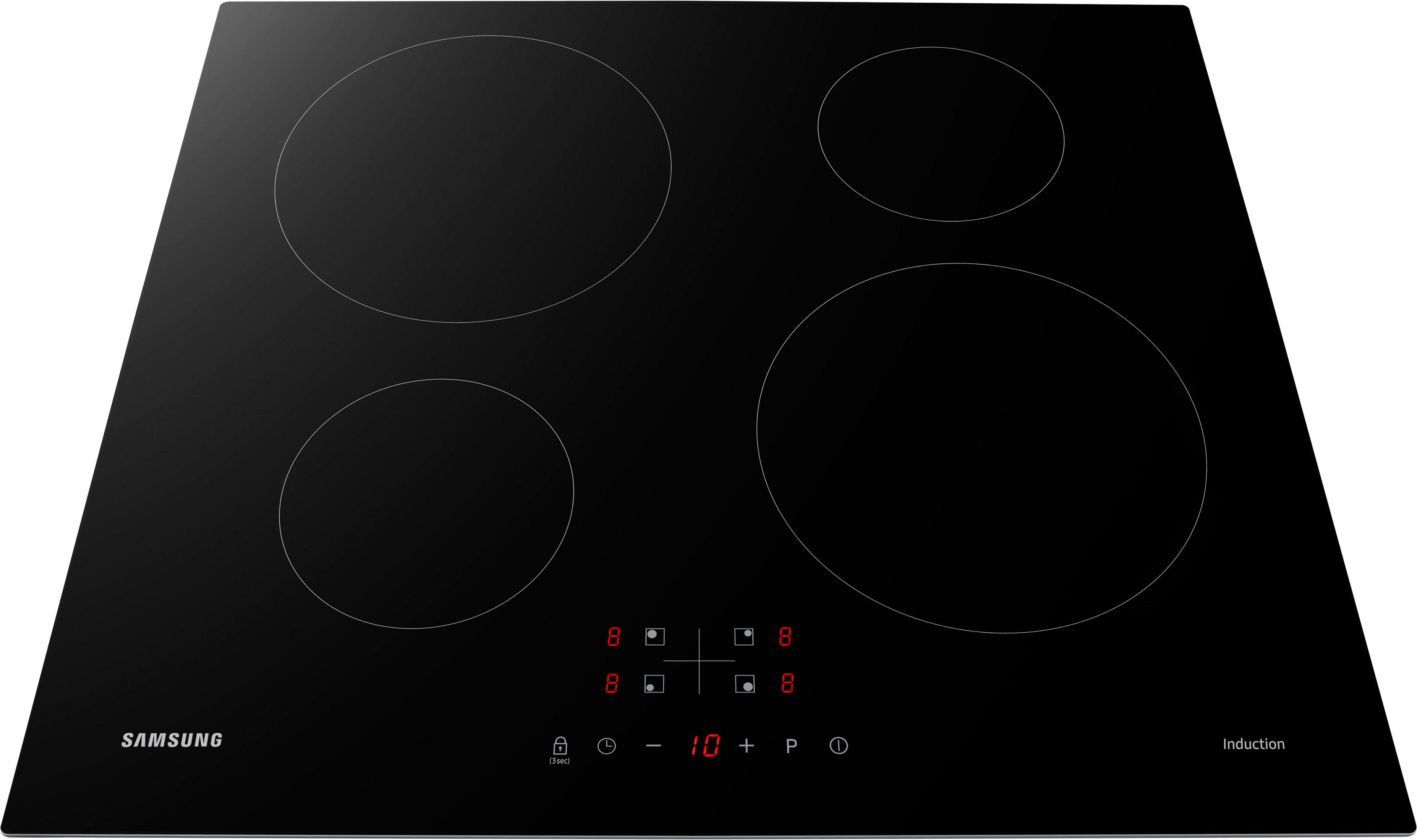 Czarna płyta indukcyjna z 4 palnikami, z czerwonym wyświetlaczem, logo Samsung.