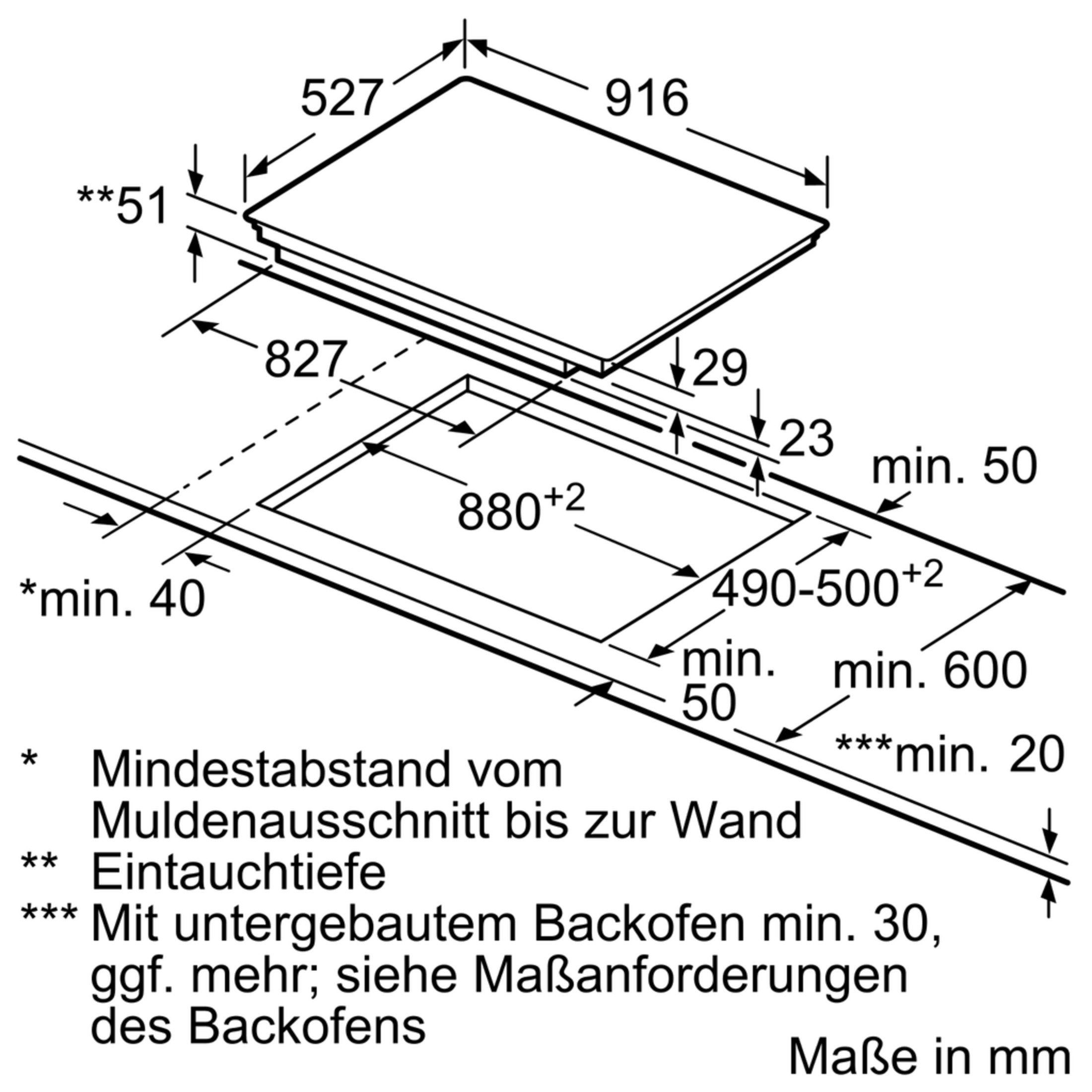 Diagramm eines Kochfelds mit Maßen und deutschem Text.
