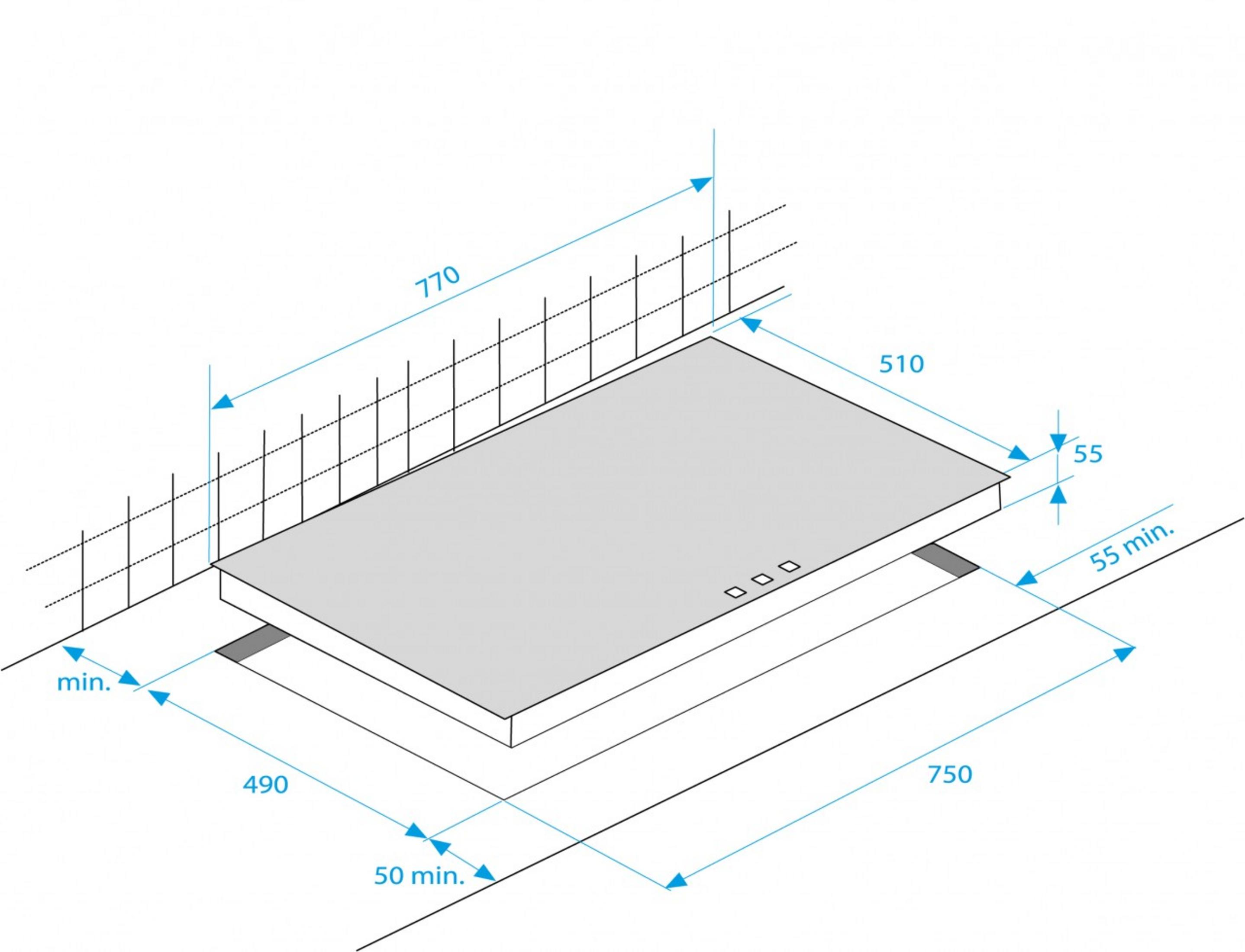 Ein Diagramm mit den Abmessungen eines Einbaukochfelds, mit Maßen in Millimetern.