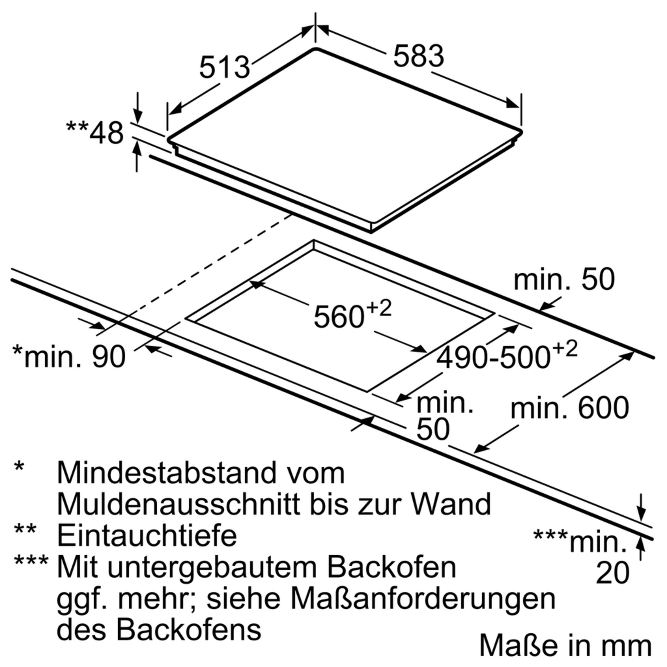Diagramm eines Kochfelds mit Abmessungen in mm. Enthält Draufsicht und Ausschnittmaße für die Installation.