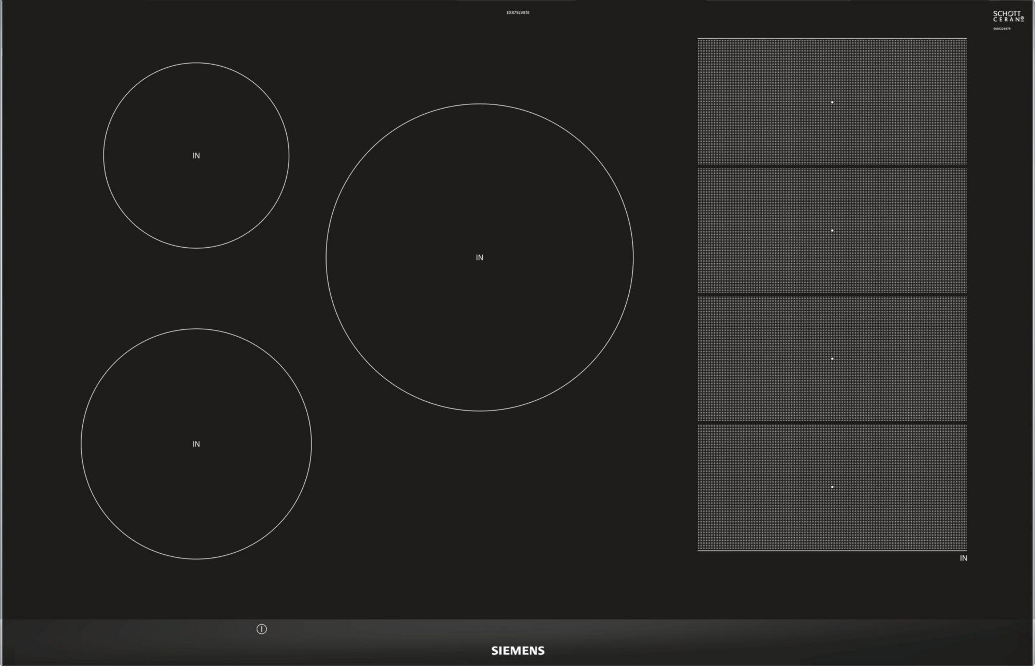 Czarna płyta indukcyjna z trzema okrągłymi i czterema prostokątnymi strefami gotowania.