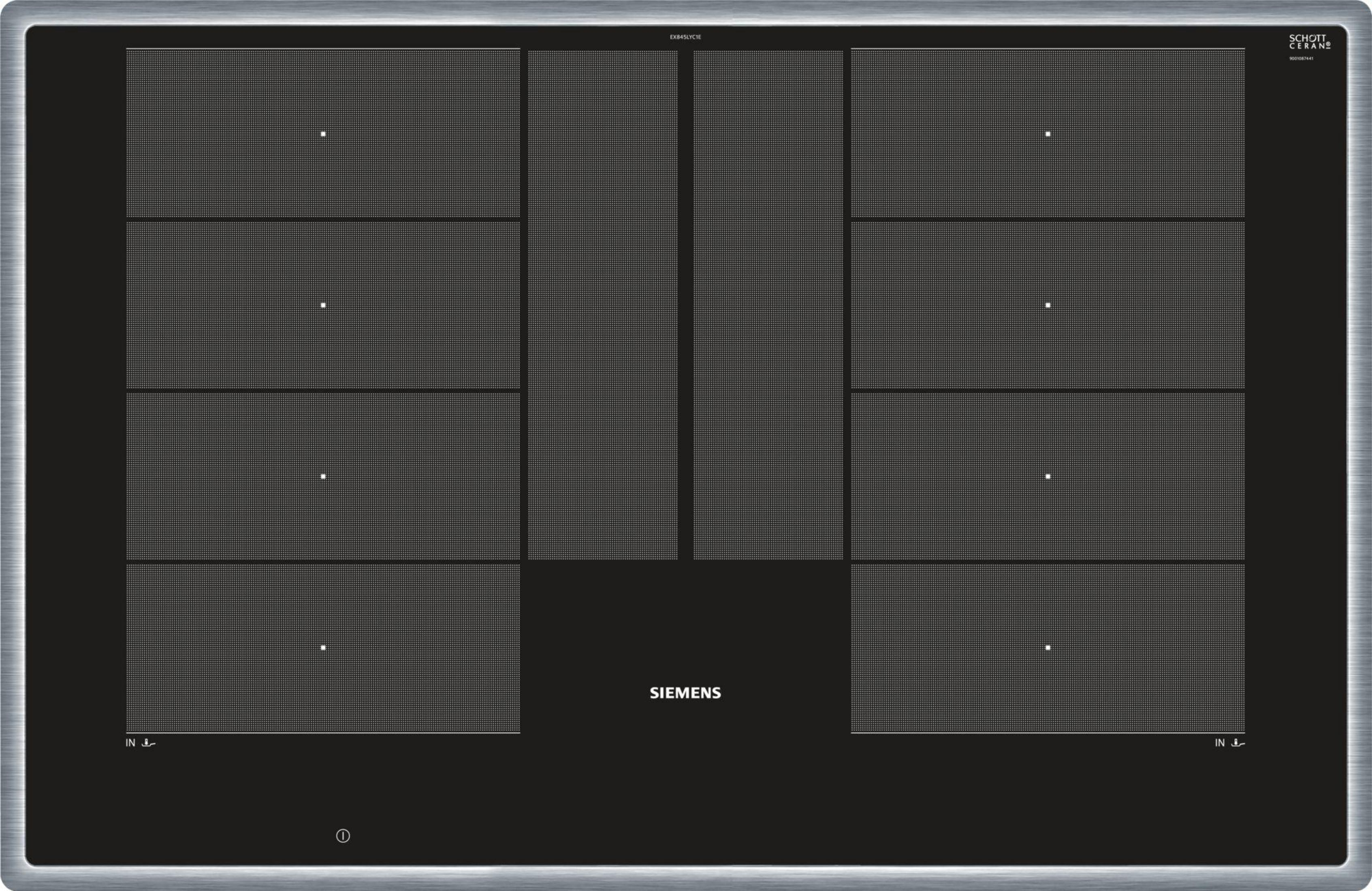 Czarna płyta indukcyjna z wieloma strefami gotowania i metalową ramą.