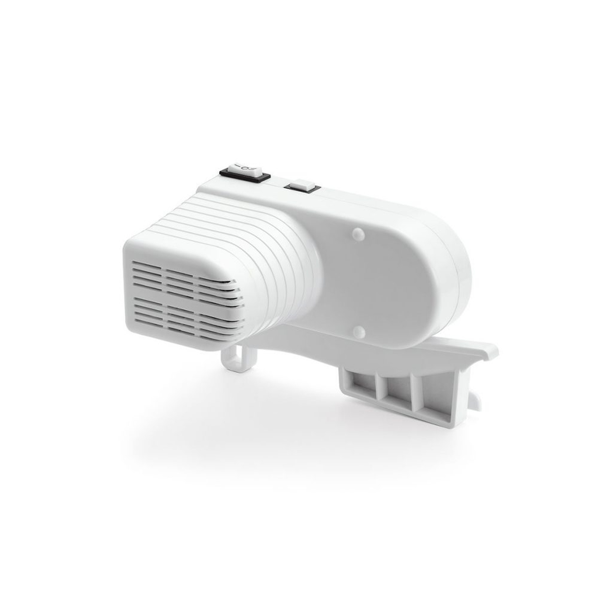 Un electrodoméstico blanco con tapa curva, interruptor y botones, aislado sobre blanco.