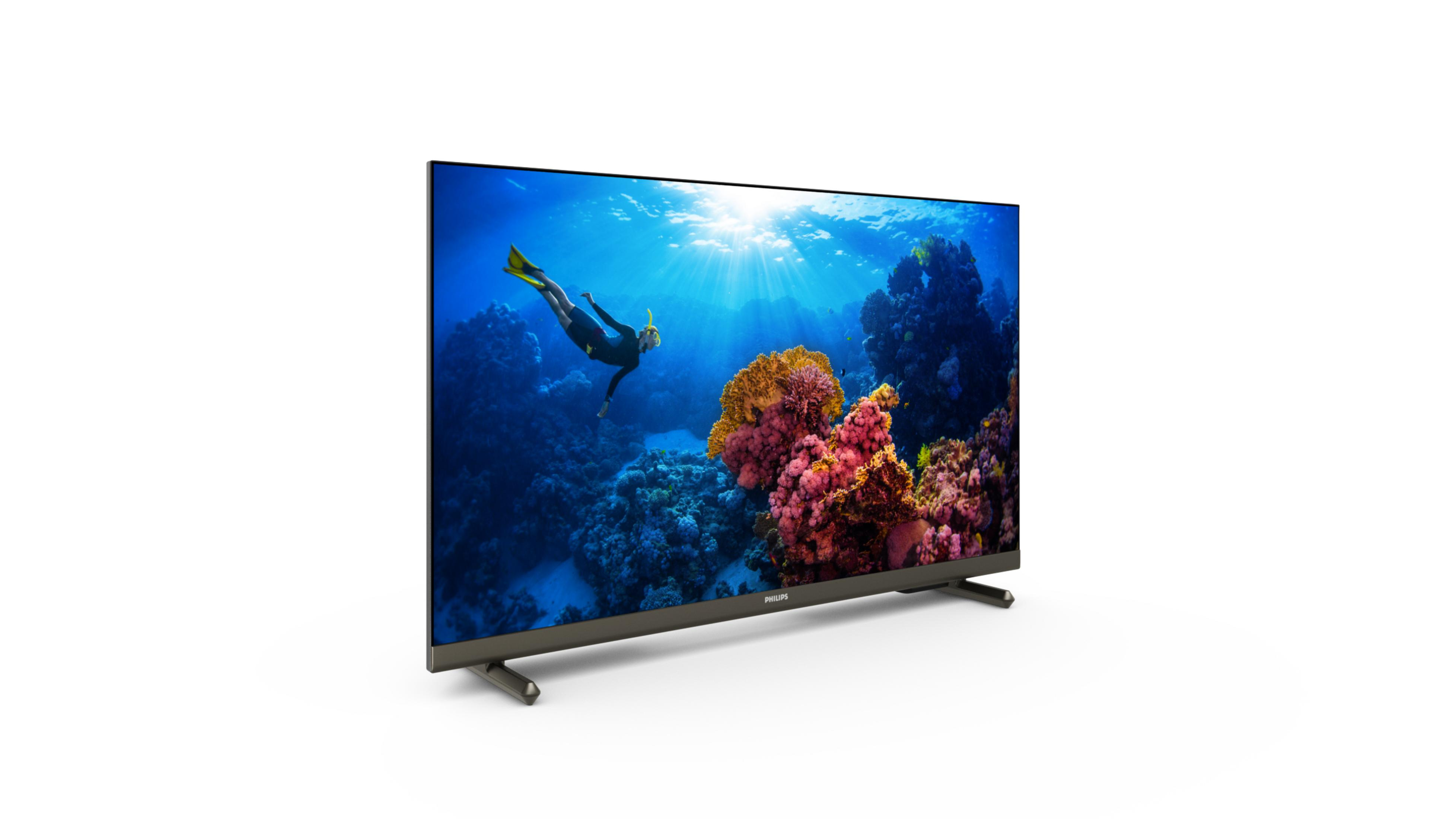 Ein Fernsehbildschirm mit einem Taucher im Meer. Der Fernseher ist dunkelgrau gerahmt.