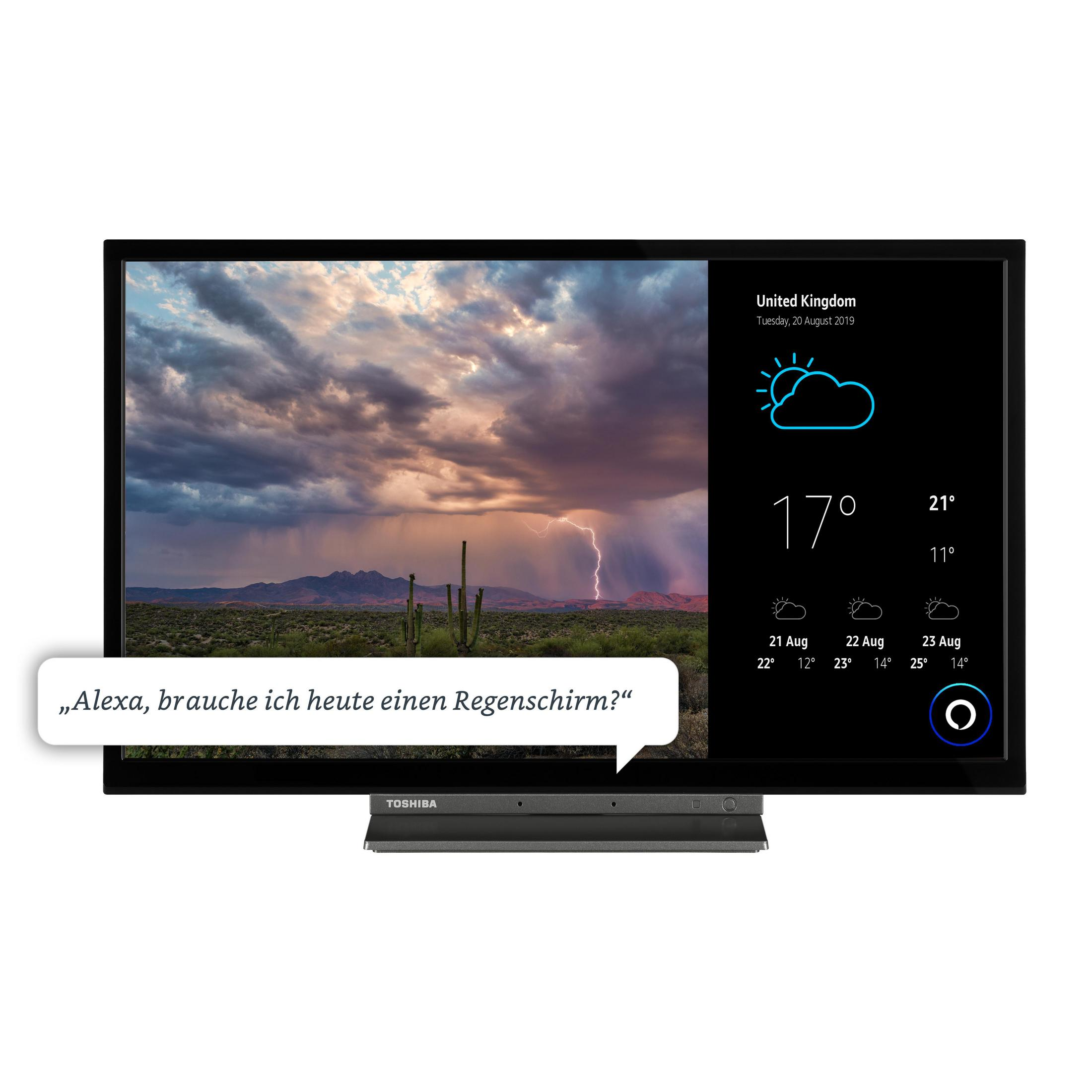 Schermo TV Toshiba che mostra informazioni meteo e un messaggio di Alexa.