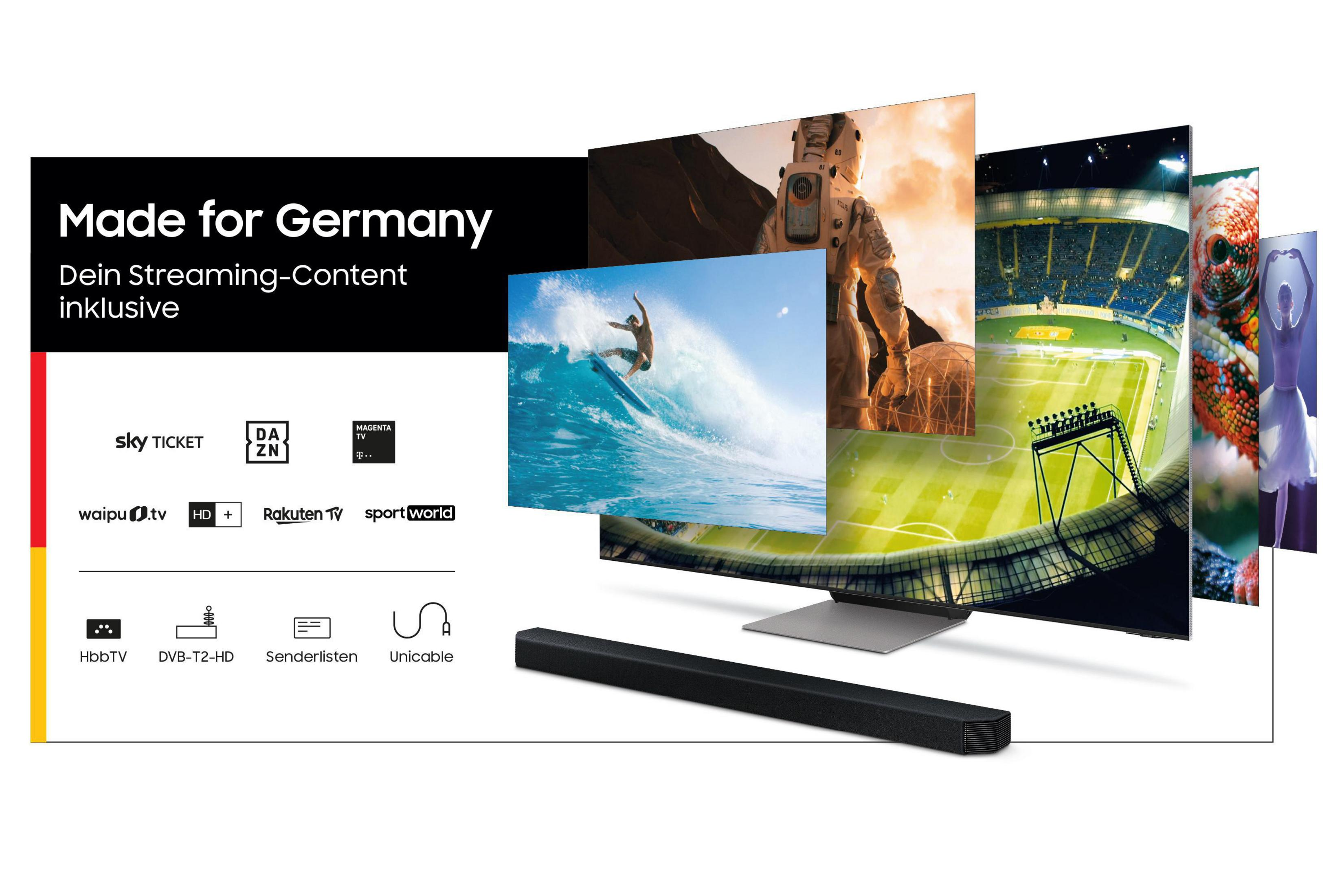 Fernseher mit mehreren Bildern, inkl. Surfer, Fußballspiel und Weltraumszene. Text: 'Made for Germany'.
