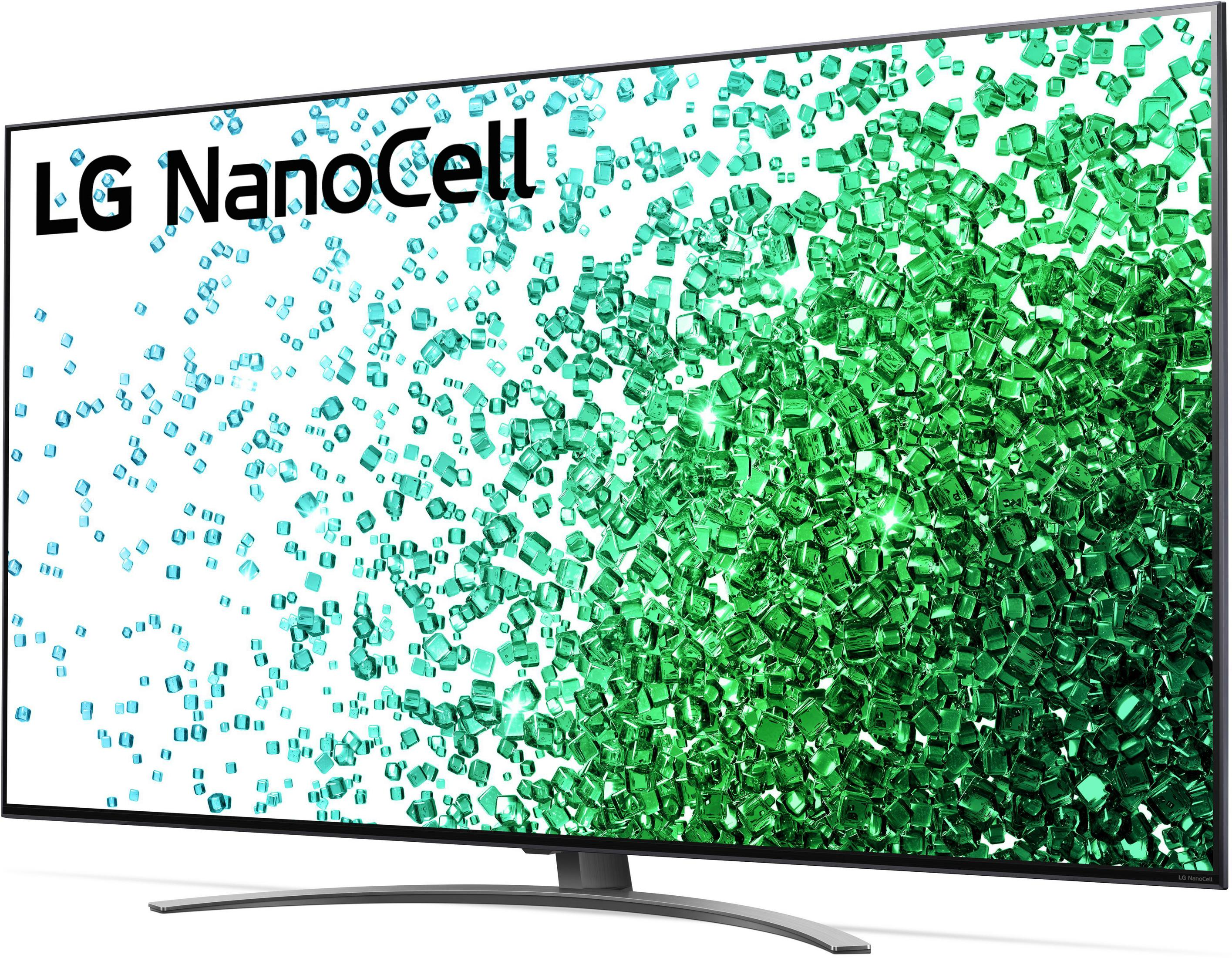 Telewizor LG NanoCell wyświetlający zielone i białe abstrakcyjne kształty, z zakrzywioną podstawą.