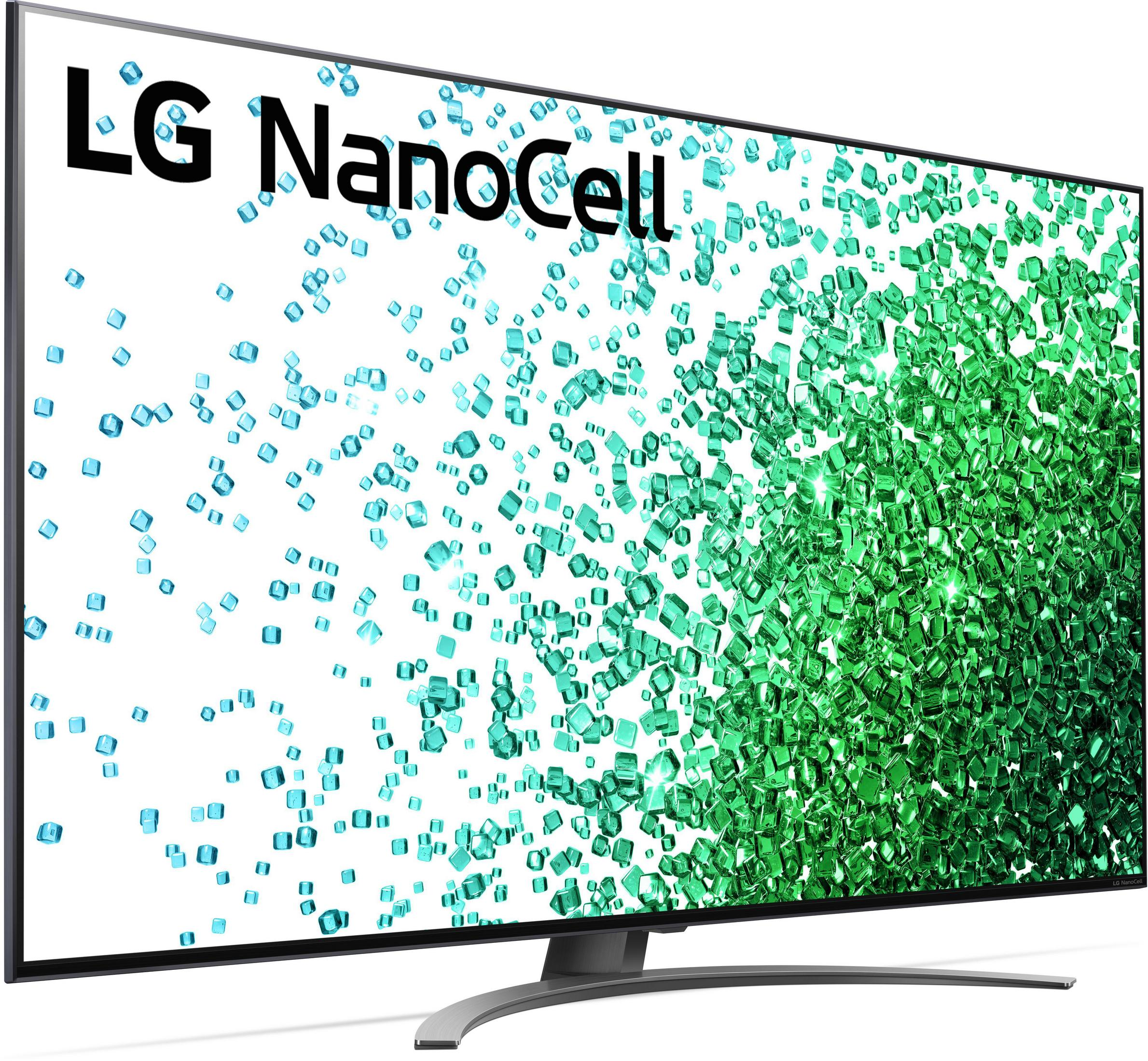 Duży telewizor LG NanoCell wyświetla zielony i niebieski wzór pikseli na białym tle.
