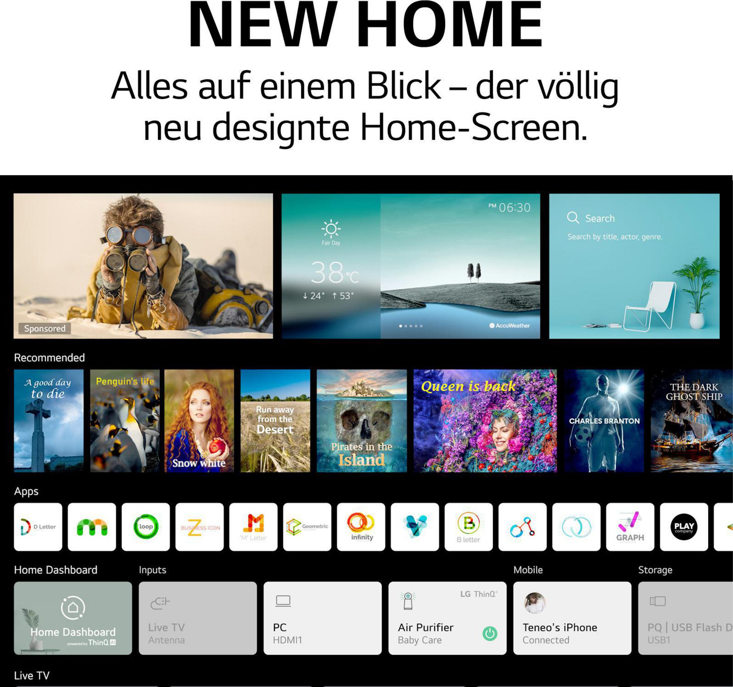 Interfejs pokazujący ikony aplikacji, pogodę i osobę w masce gazowej.