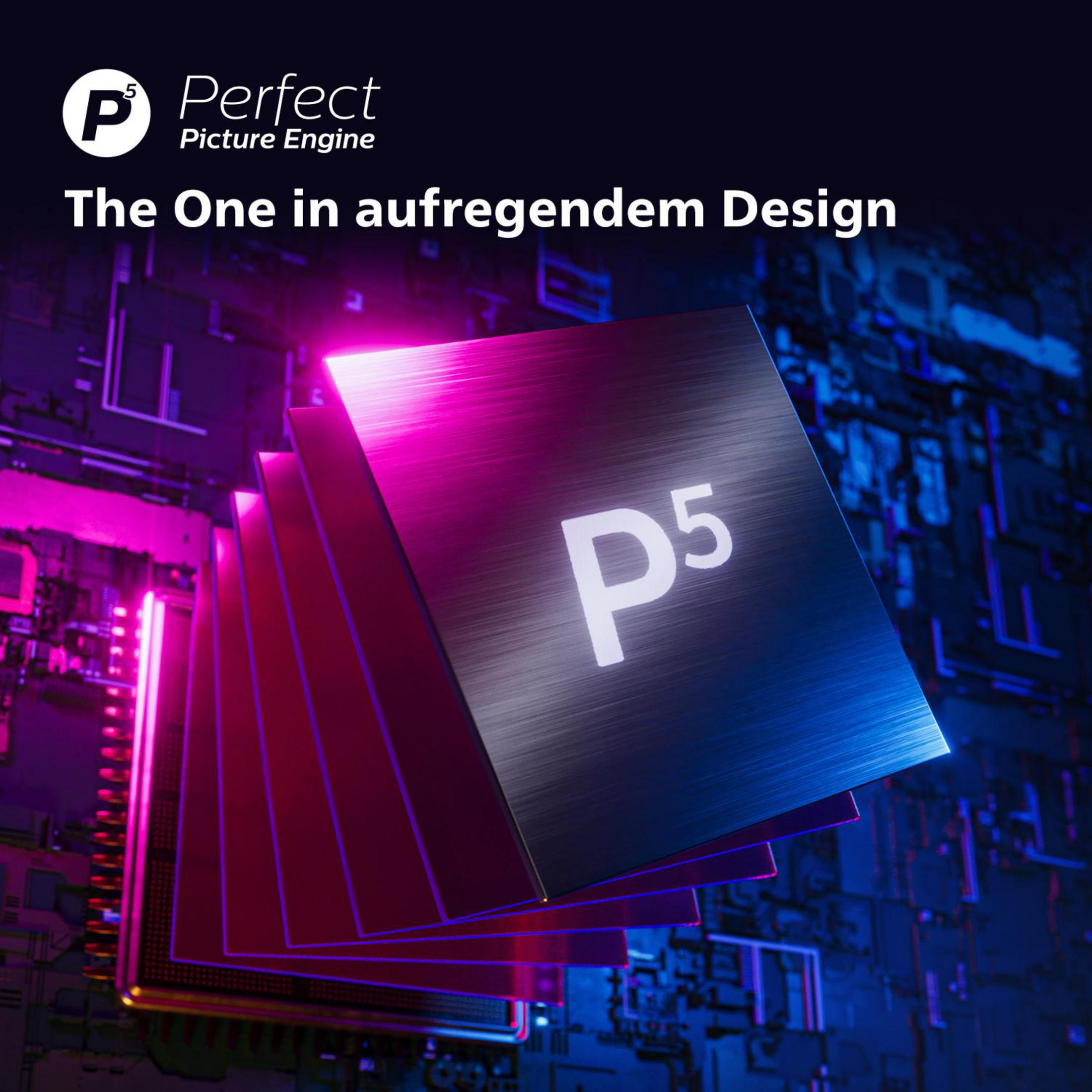 Ułożone metalowe kwadraty z logo P5. Tekst: The One in aufregendem Design. Perfect Picture Engine.