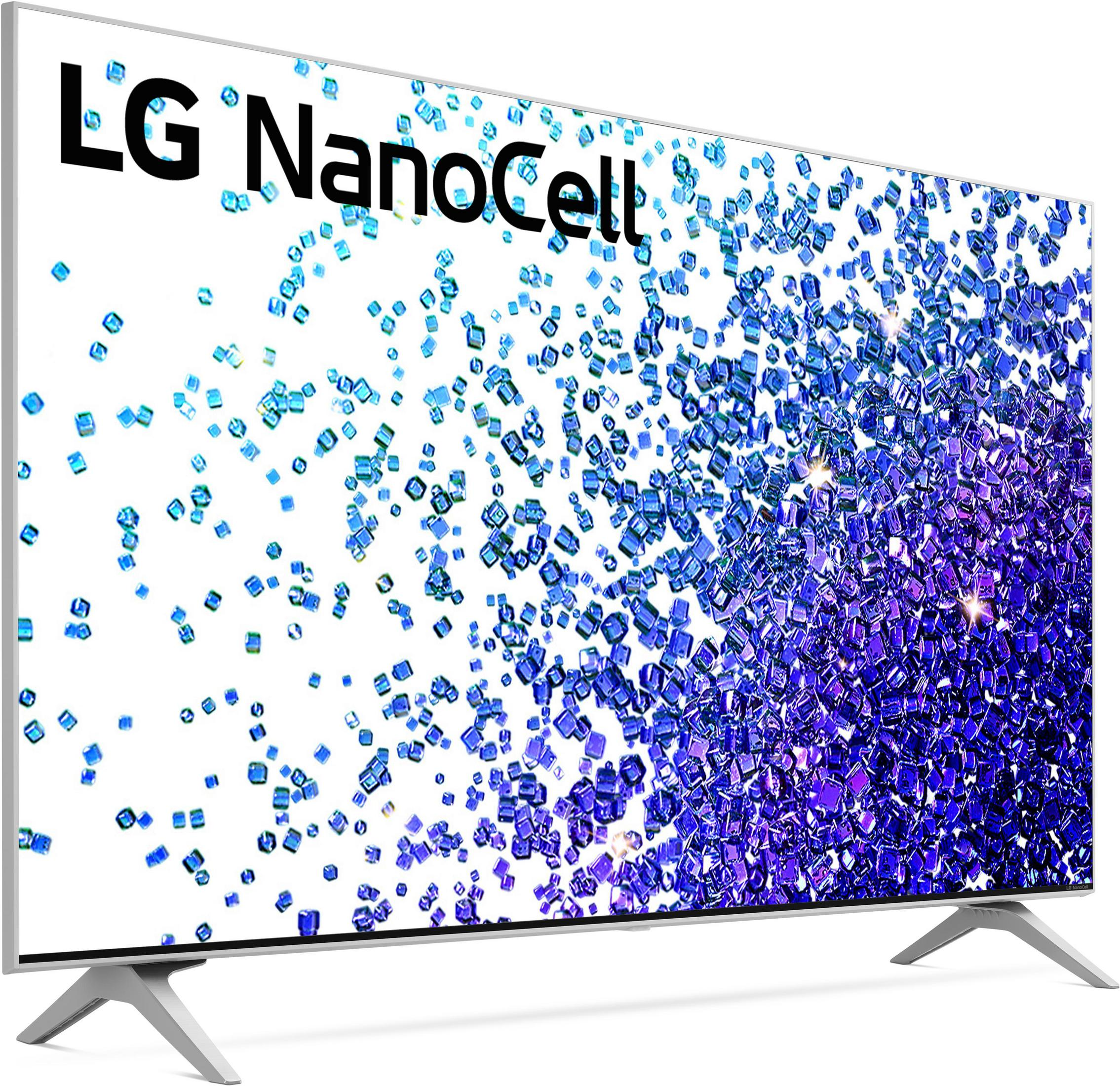 Un televisor LG NanoCell muestra un patrón fractal azul y morado sobre un fondo blanco.