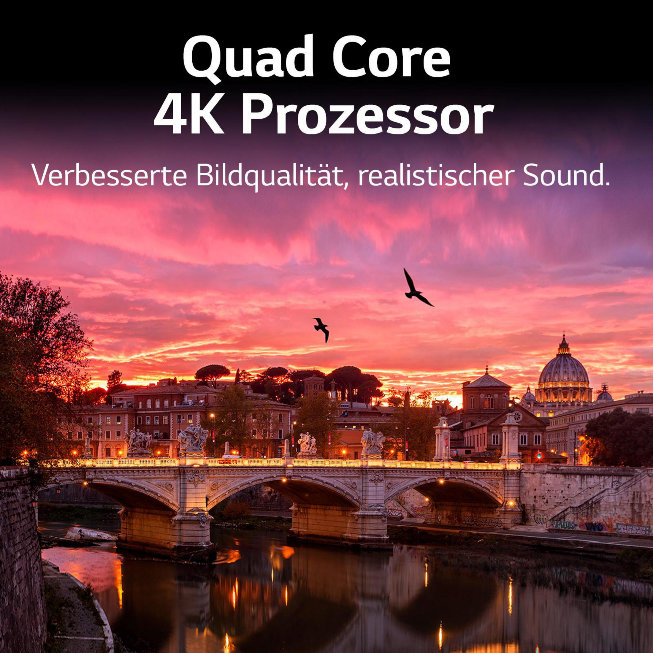 Una vista del atardecer sobre Roma con texto Quad Core 4K Prozessor y otros detalles.