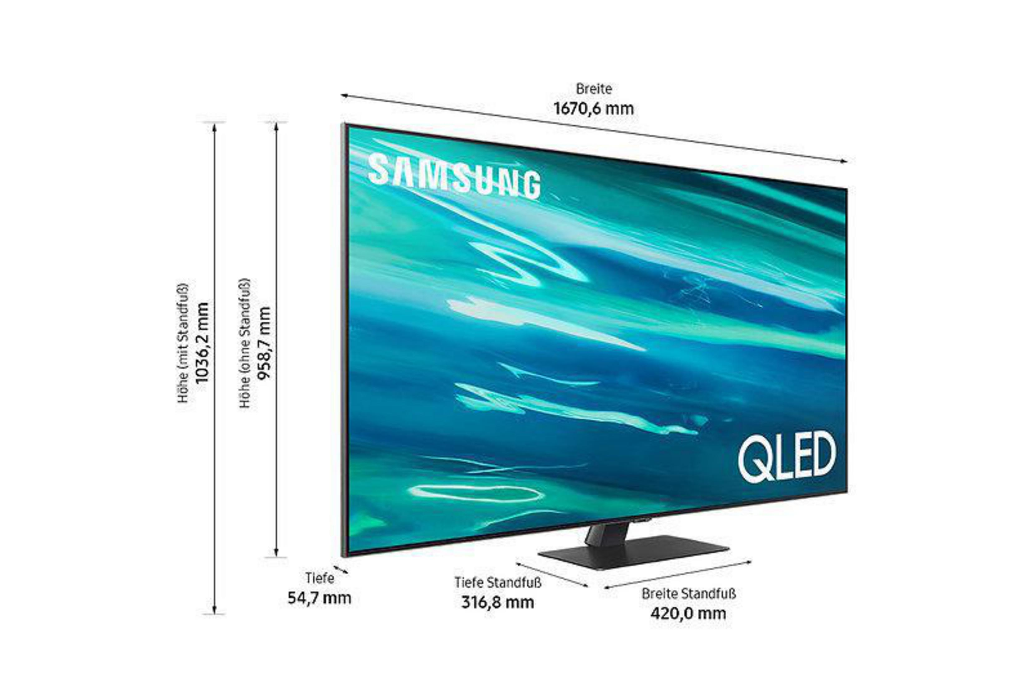 Samsung QLED-Fernseher mit Abmessungen. Weißer Hintergrund.