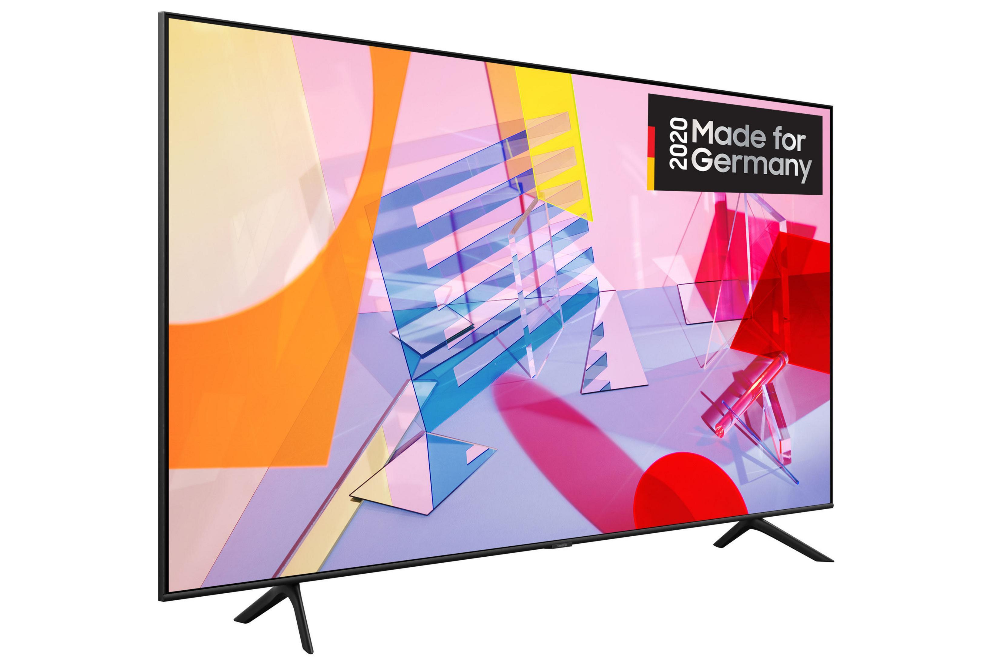 Samsung TV mit farbenfroher Anzeige, Made for Germany-Label auf weißem Hintergrund.