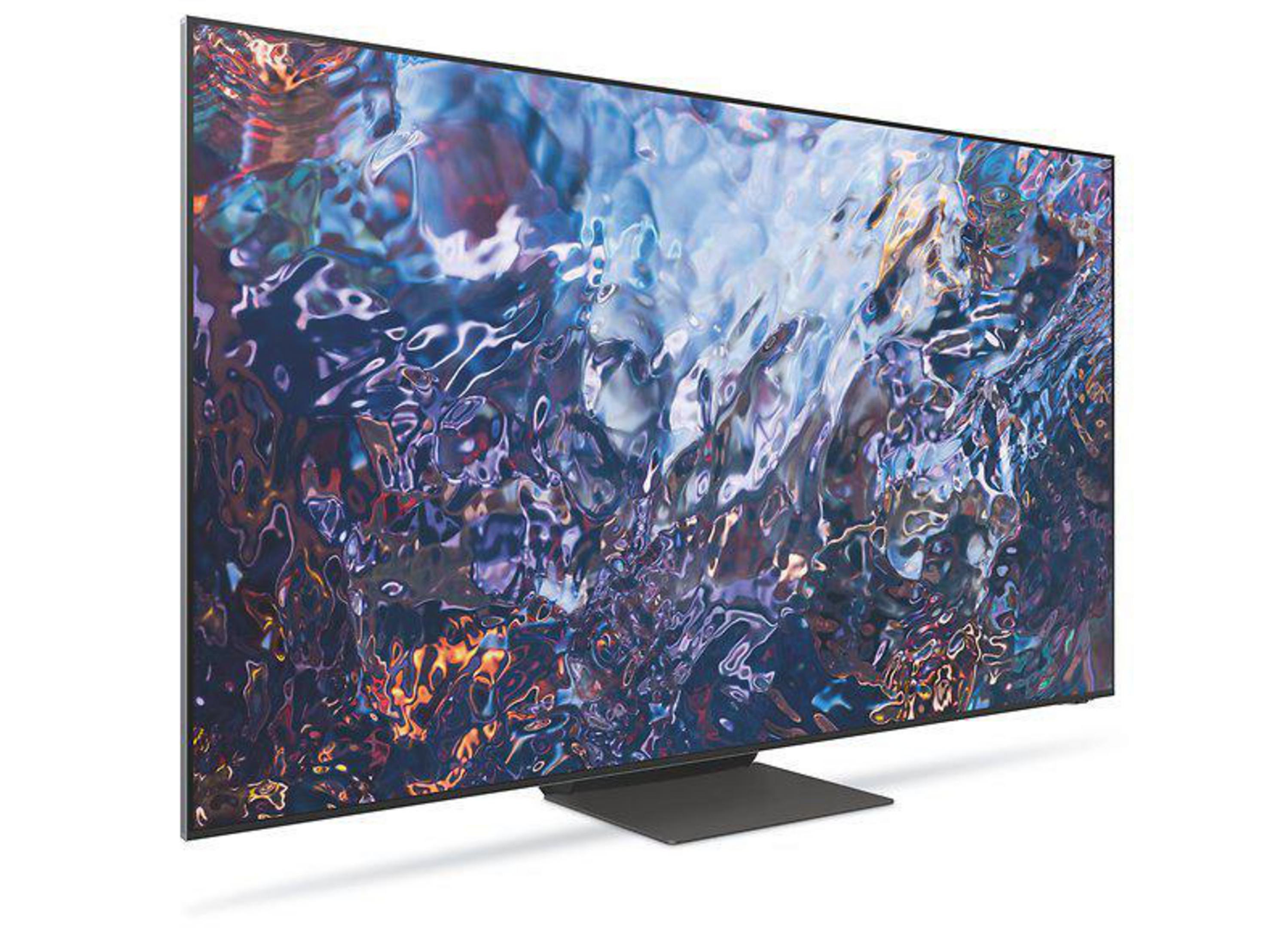 Telewizor Samsung pod kątem, wyświetlający kolorowy obraz.