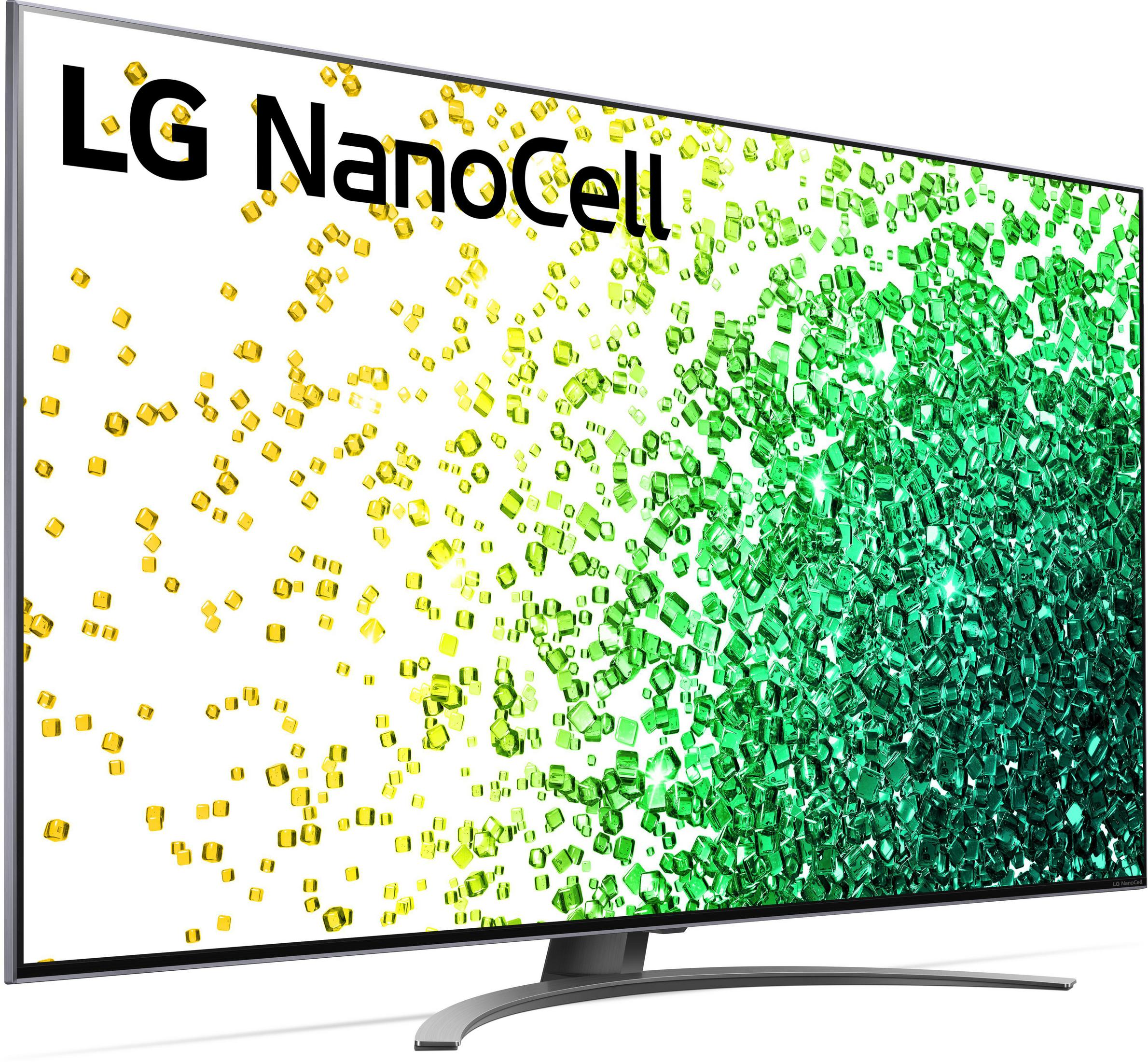 Telewizor LG NanoCell wyświetlający kolorowy abstrakcyjny wzór. TV ma zakrzywioną podstawę.
