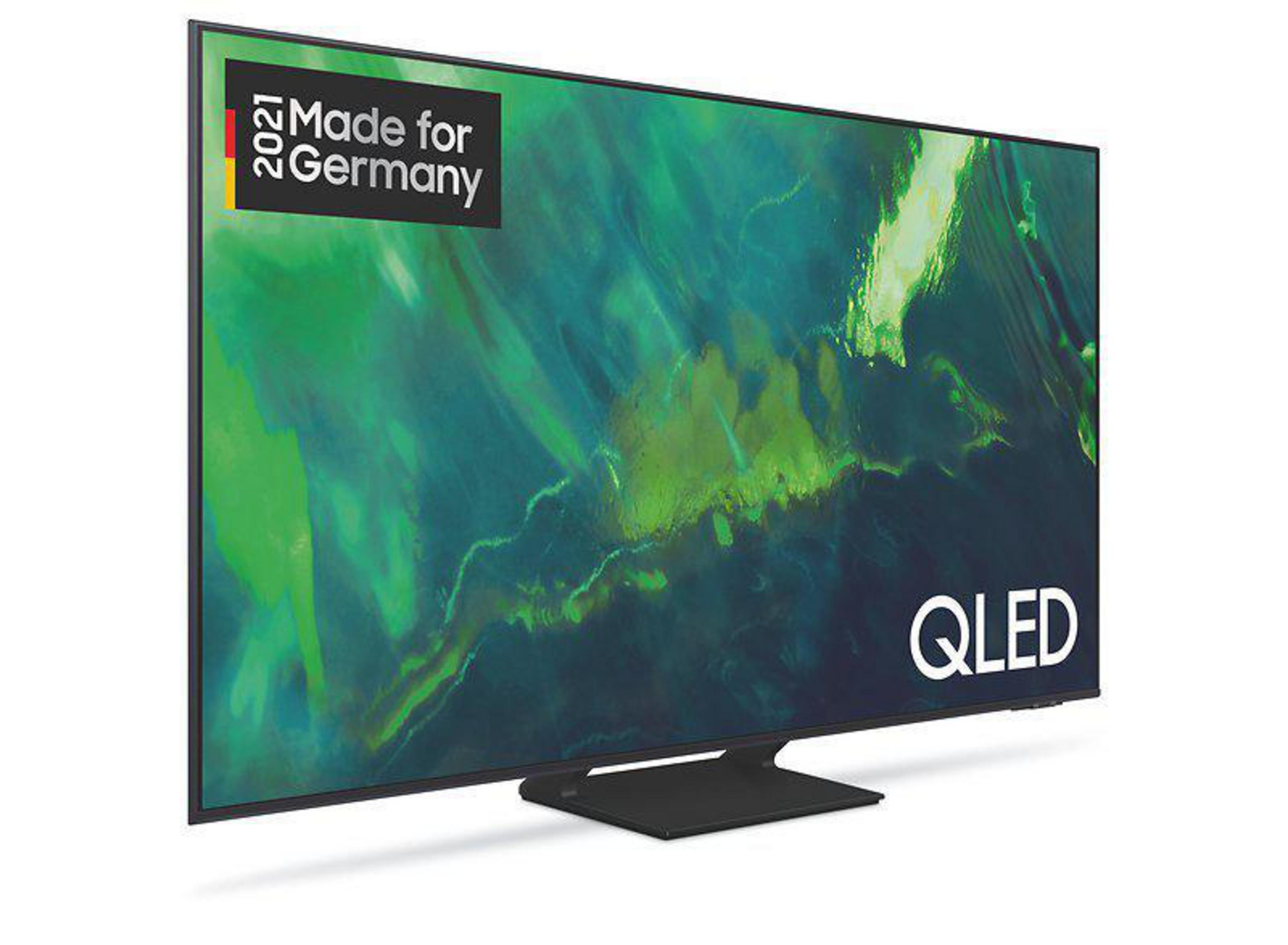 Czarny telewizor z logo 'Made for Germany 2021' i napisem QLED na białym tle.