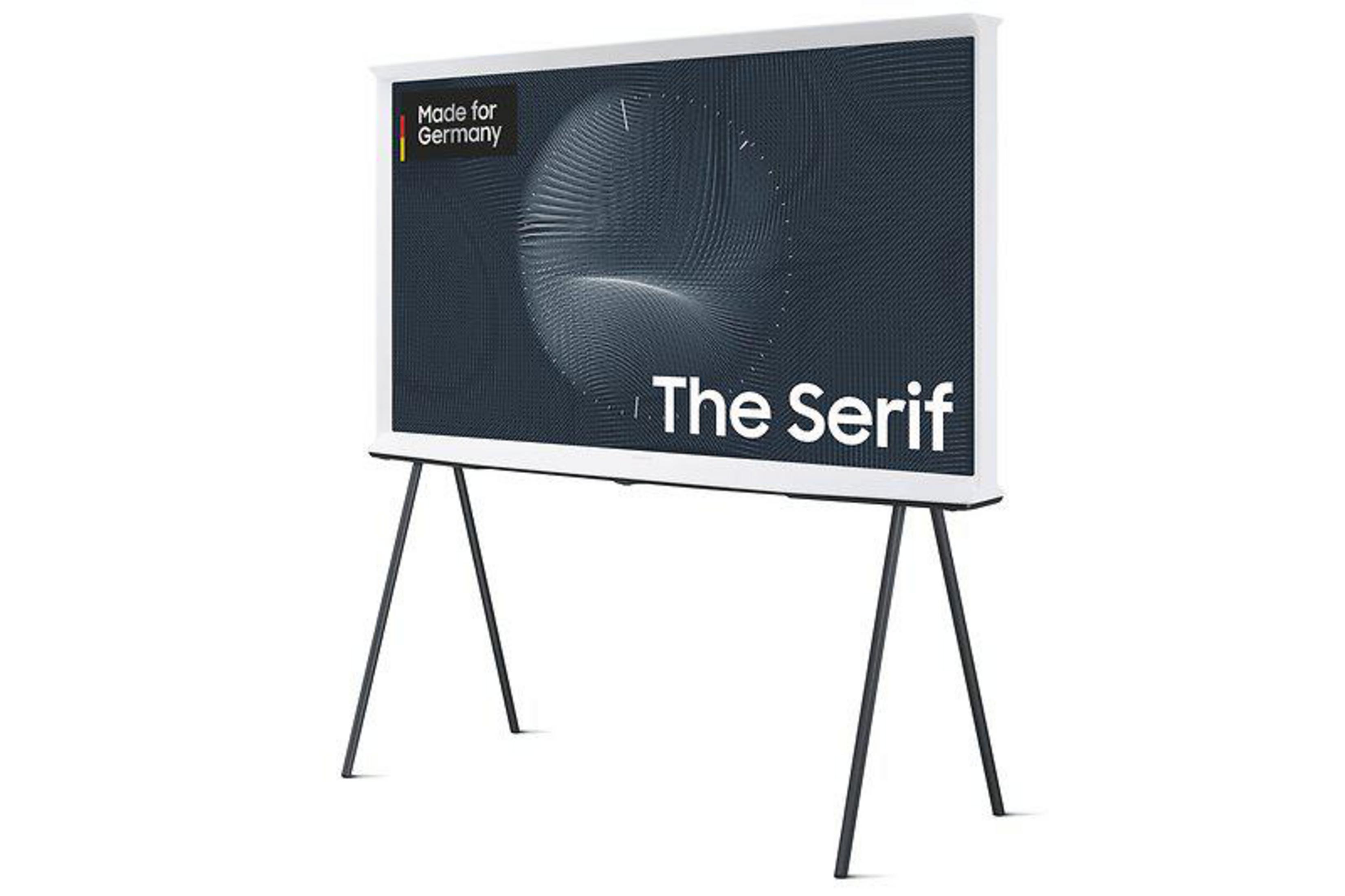 Biały telewizor na czarnych nogach wyświetlający grafikę, z logo Made for Germany.